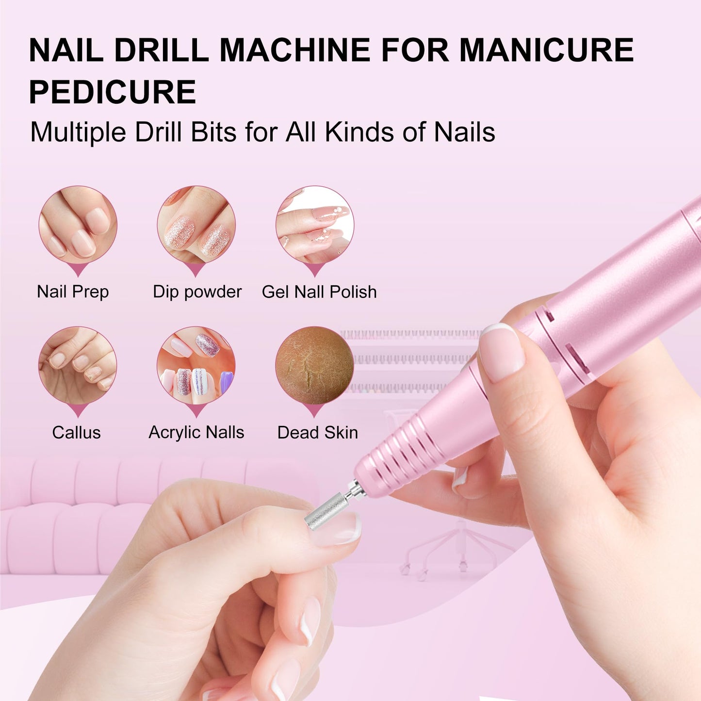 Professional Electric Nail Drill File:COSYGLOW Glitter Portable Cordless E-File Nail Drill Kit with 11 Nail Drill Bits,30000 RPM Rechargeable Nail Drill Machine for Acrylic Nails Gel Polishing(Pink)