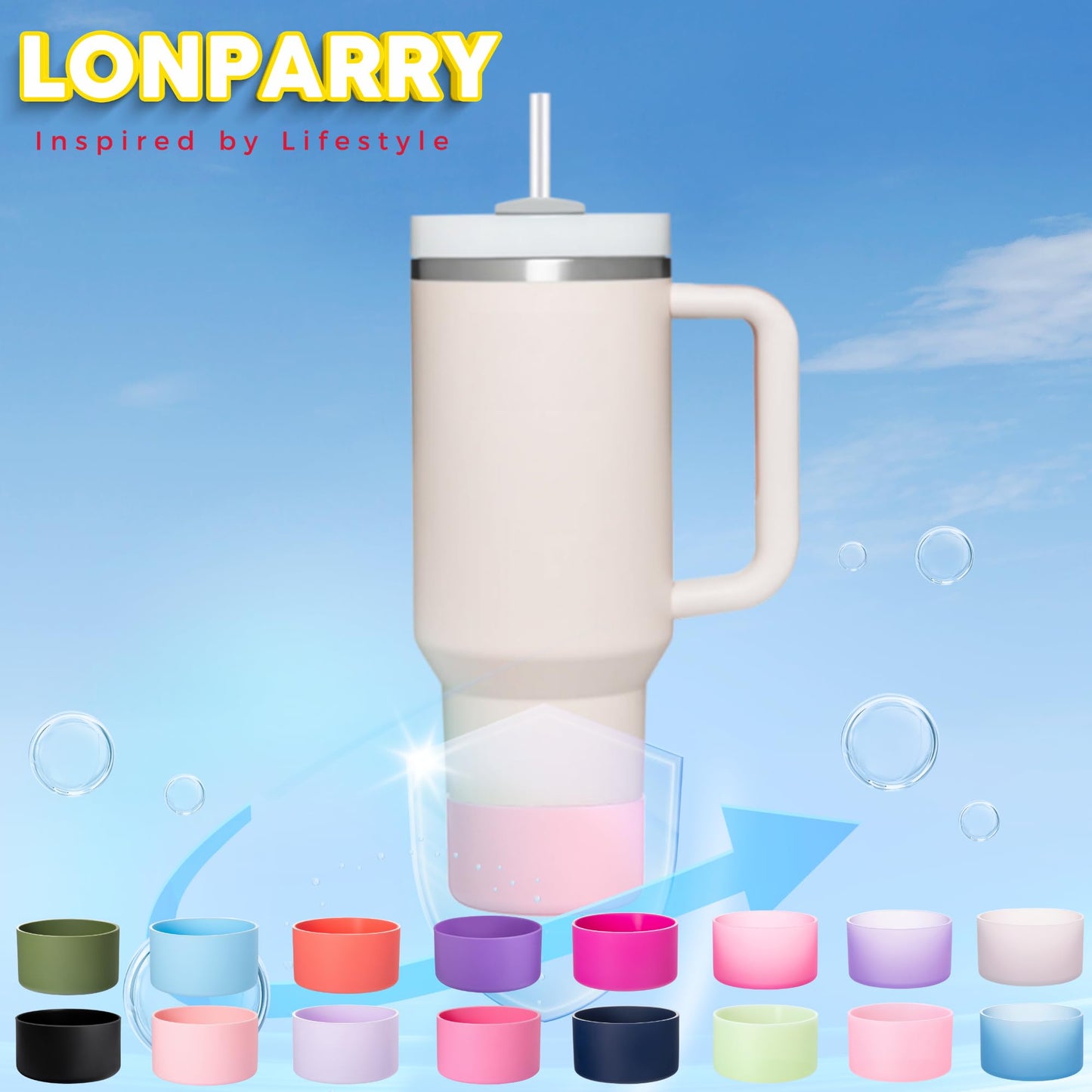 LONPARRY 4-Pack Boot for Stanley Tumbler 40 30 oz Bottom Sleeve Protector for Stanley Cup Quencher H2.0 Stanley IceFlow 30oz Silicone Sleeve for Stanley Bottom Anti-Slip Bottom Sleeve 2Black+2Pink