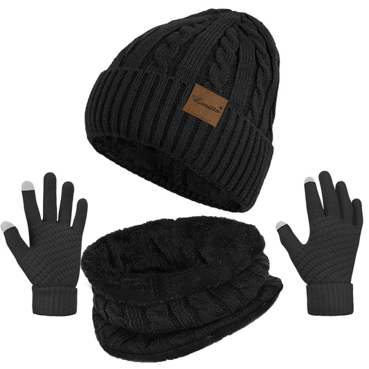 3 Pieces Womens Beanie Hat Scarf Touch Screen Gloves Set for Women Warm Knit Fleece Lined Skull Caps Neck Warmer Gifts,A-Black