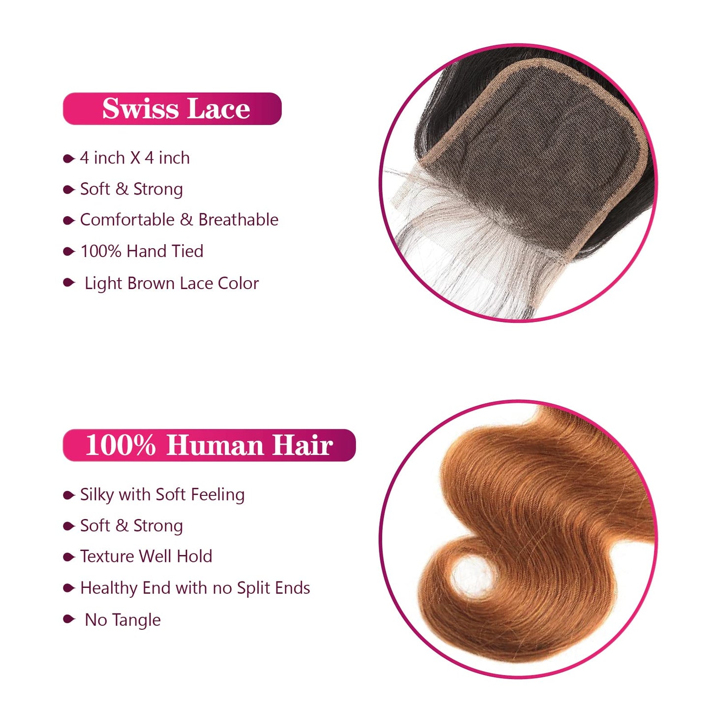 Ombre Human Hair 3 Bundles With 4x4 Lace Closure 1B/30 Two-tone Ombre Brown Body Wave Bundles with Closure Brazilian Virgin Human Hair Extensions For Women (T1B/30,12 14 16 +10)
