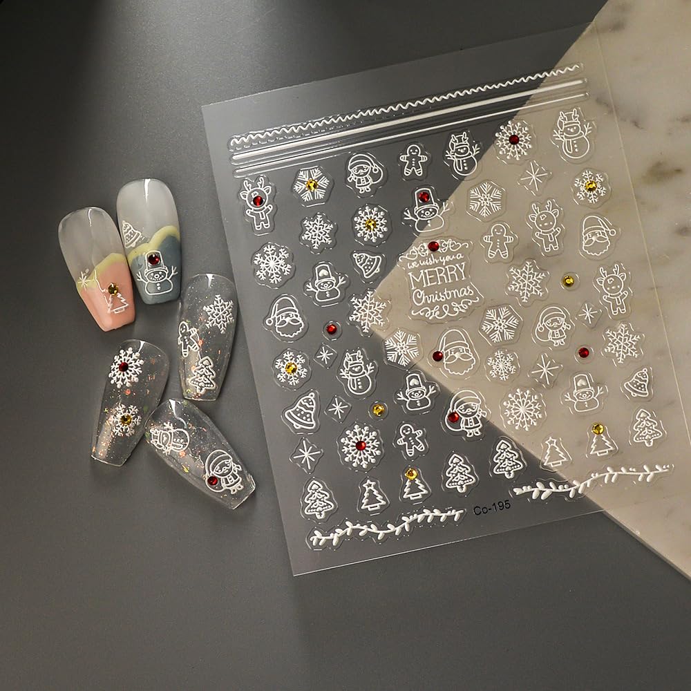 5D Embossed Christmas Nail Art Stickers Snowflake Nail Stickers Snowman Christmas Tree Nail Decals for Women Girls Winter Xmas Holiday Manicure DIY Supplies
