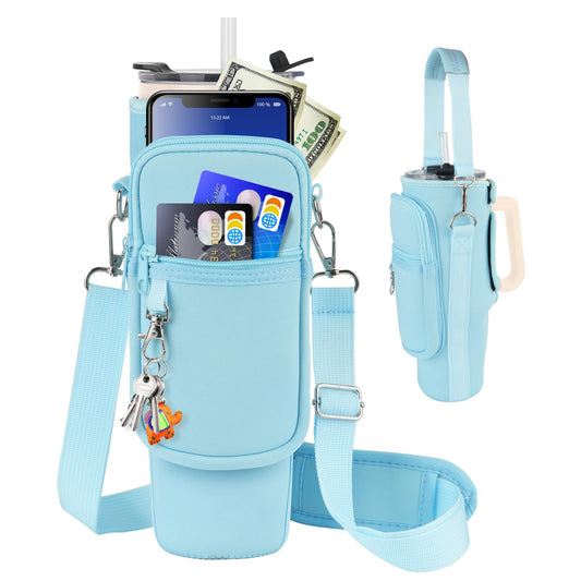Water Bottle Carrier Bag with Phone Pocket Compatible with Stanley/Meoky 40 oz Tumbler with Handle,Neoprene Water Bottle Holder Pouch with Adjustable Strap Compatible with Stanley Cup Accessories