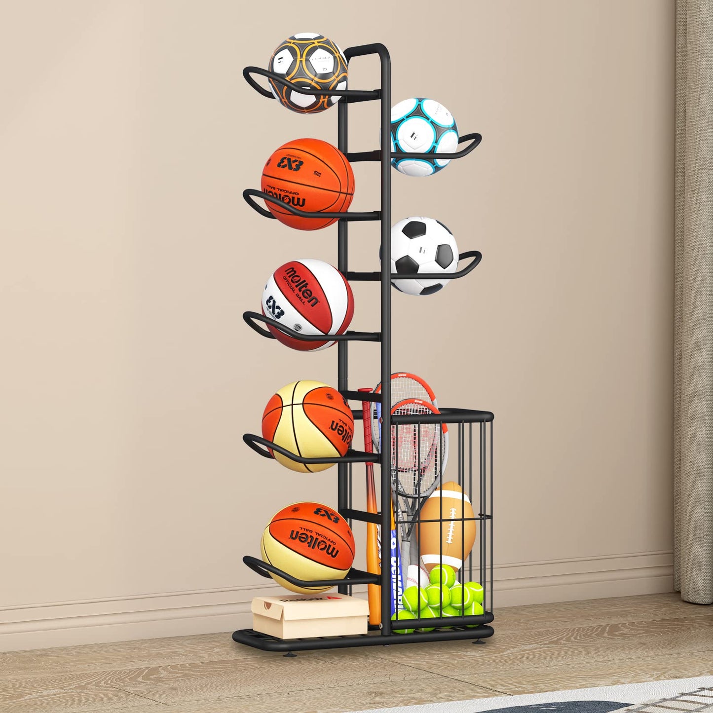 MLUPODY 7-Ball Sports Equipment Storage Rack with Ball Holder and Basketball Rack, Athletic Gear Organizer ball Stand - Organize Toys, Sports Gear and More, 57.5" (Black)