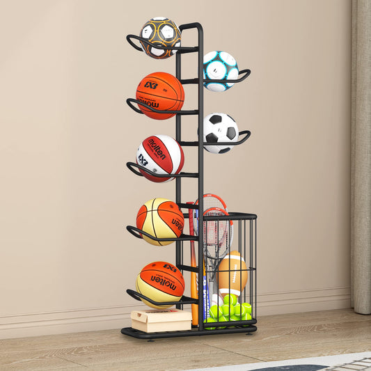 MLUPODY 7-Ball Sports Equipment Storage Rack with Ball Holder and Basketball Rack, Athletic Gear Organizer ball Stand - Organize Toys, Sports Gear and More, 57.5" (Black)