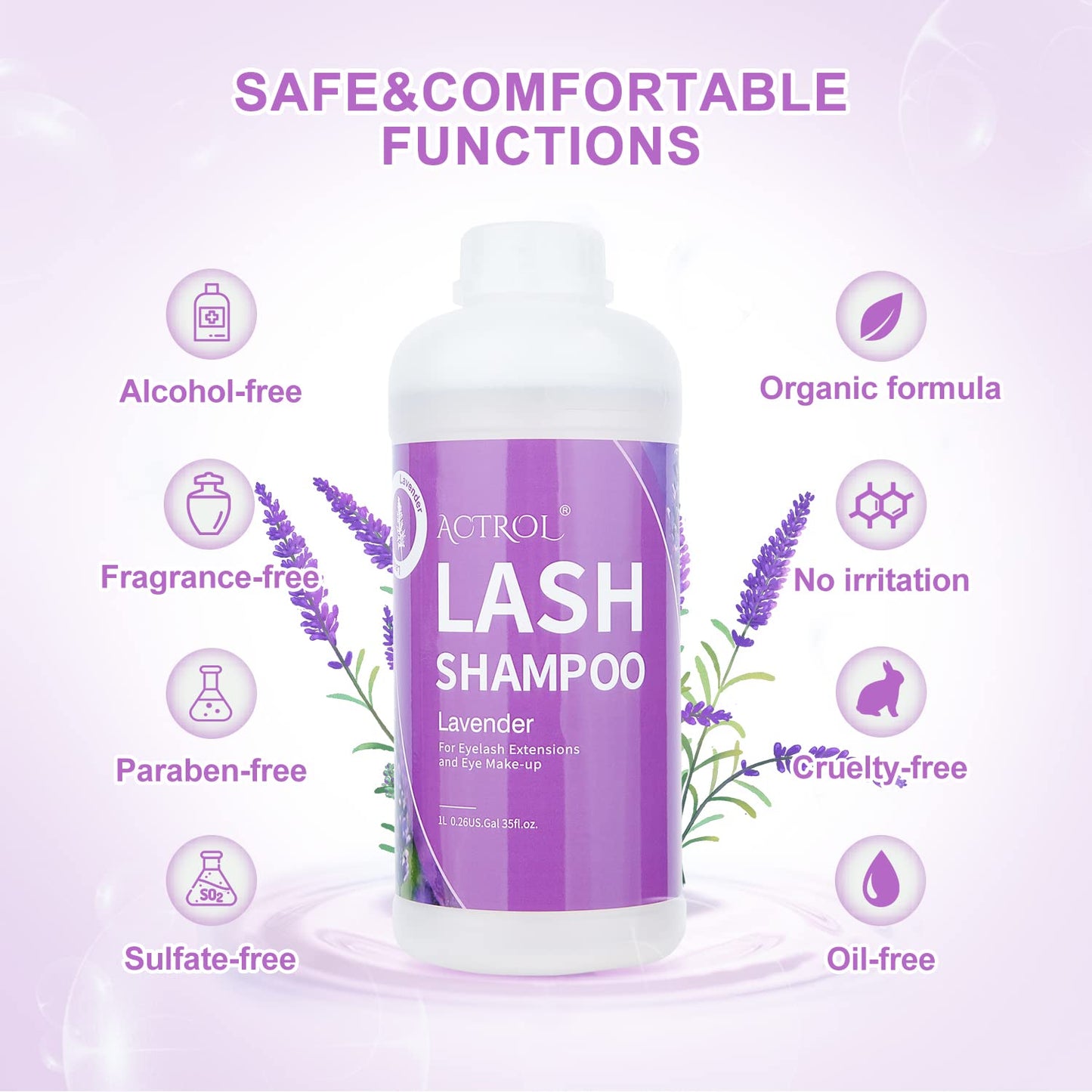 ACTROL Eyelash Extension Cleanser Lavender 1L Natural Lash Extension Shampoo Professional Eyelid Foaming Cleanser Paraben & Sulfate Free Non-lrritating with Salon and Home Care