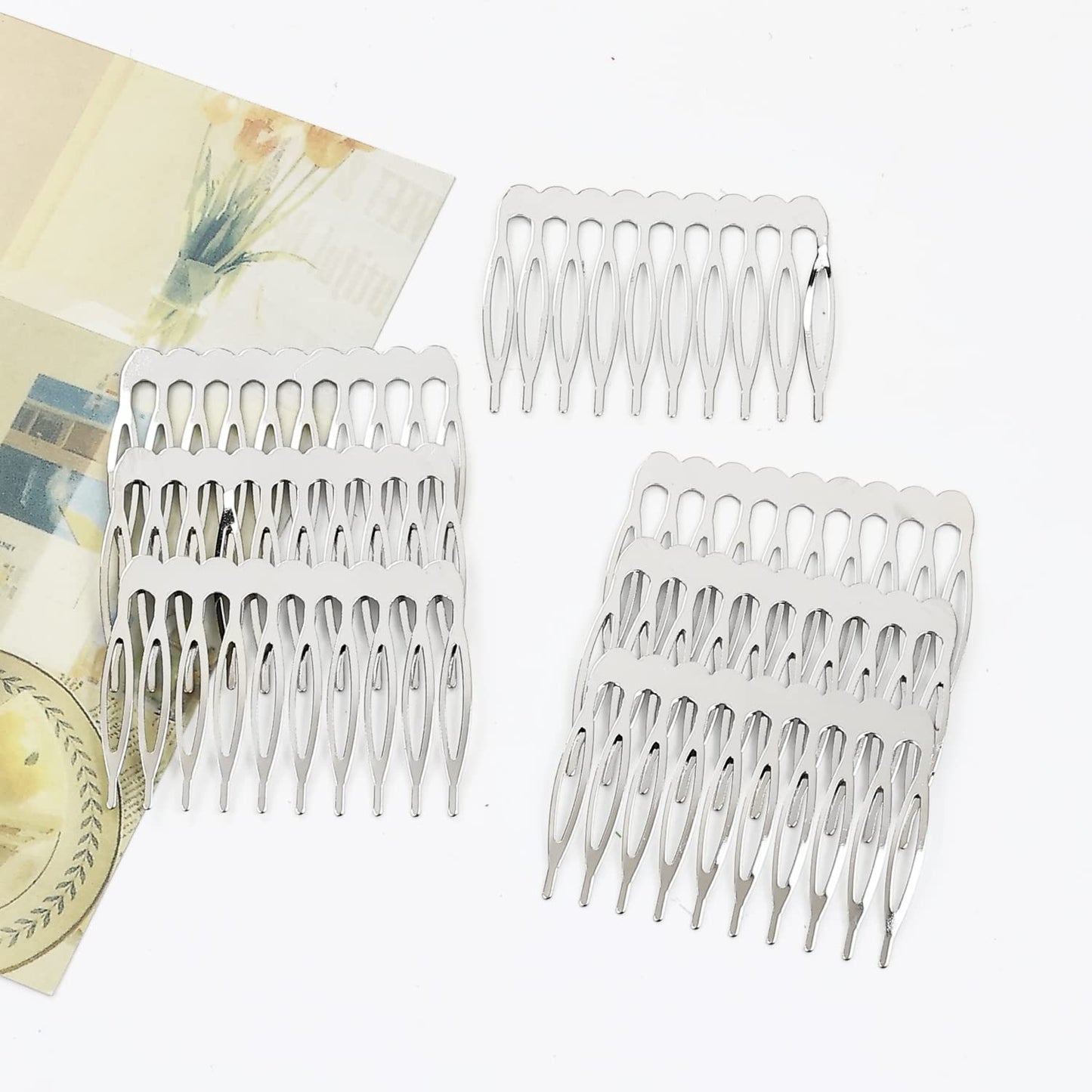 Lawie 20 Pack Bulk 10 Teeth Silver Metal Side Hair Combs Plain Blank Crafting DIY Wire Slide Combs Wedding Bridal Veil Combs Decorative Crowns Headpiece French Twist Clip Hair Accessories for Women