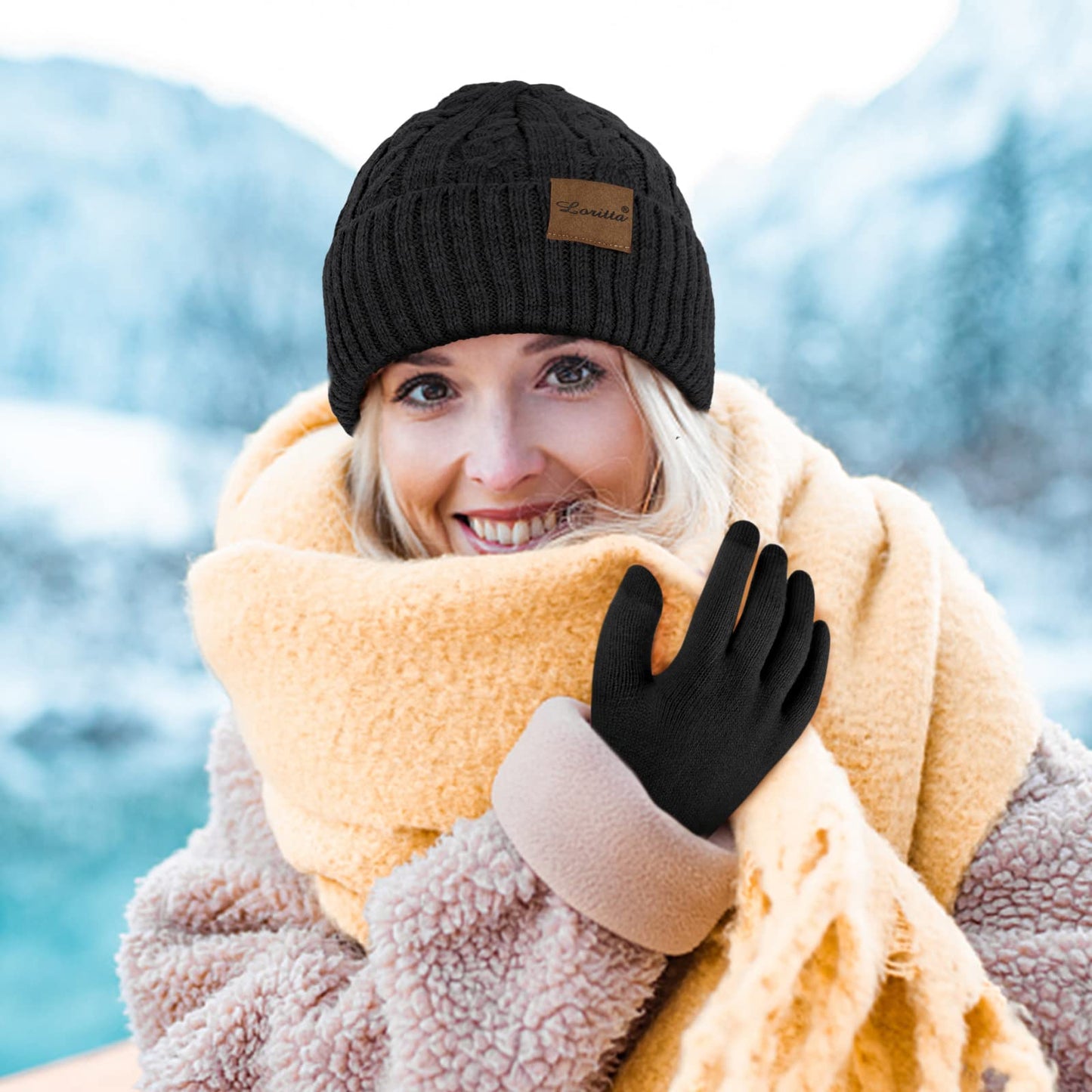 3 Pieces Winter Beanie Hat Scarf Touch Screen Gloves Set Thick Warm Knit Skull Cap Fleece Lined Scarves Gifts for Women,Black