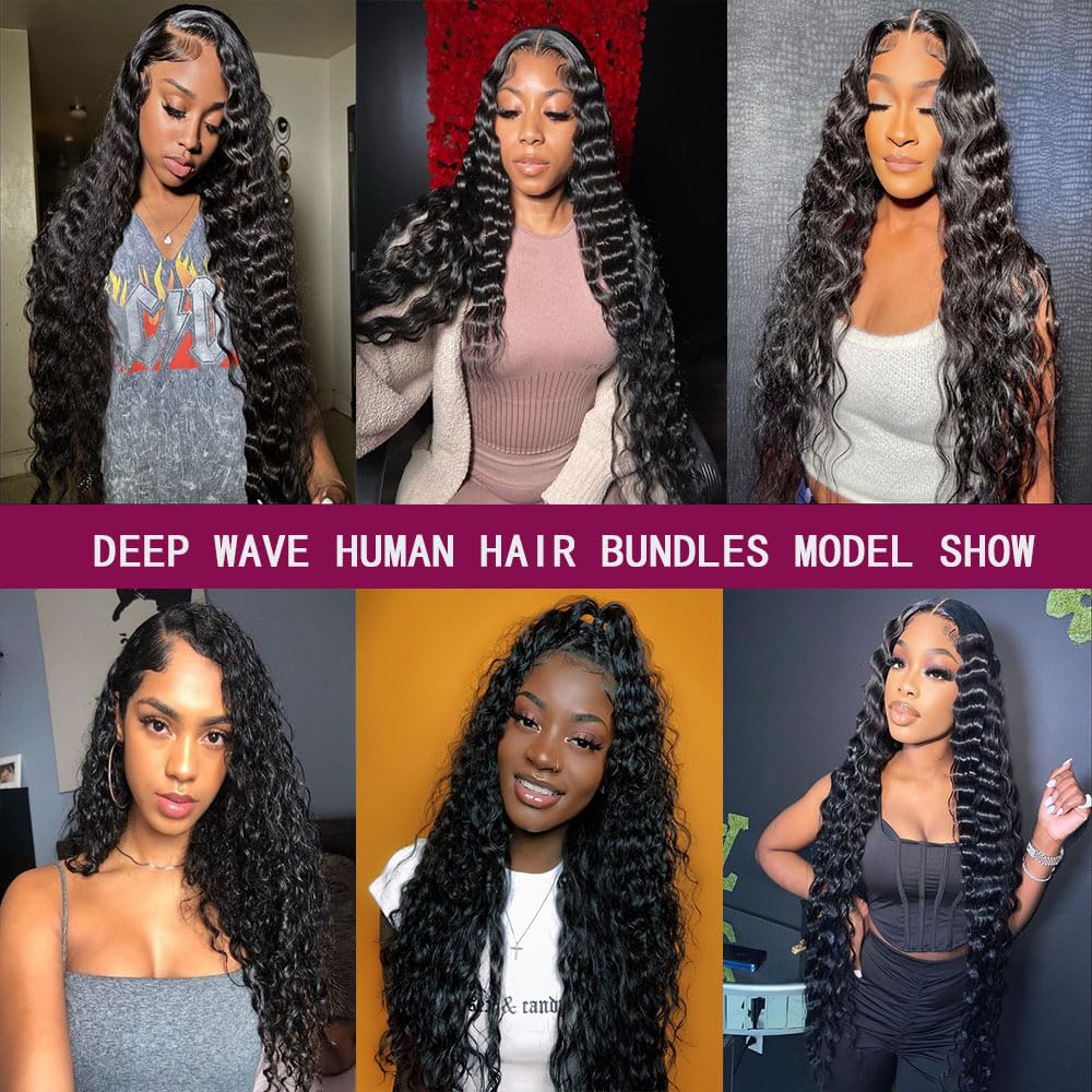 12A Deep Wave Human Hair Bundles Brazilian Bundles Human Hair Deep Wave 4 Bundles 100% Unprocessed Virgin Deep Wave Wet And Wavy Human Hair Weave Bundles Human Hair For Black Woman 12 14 16 18 Inch