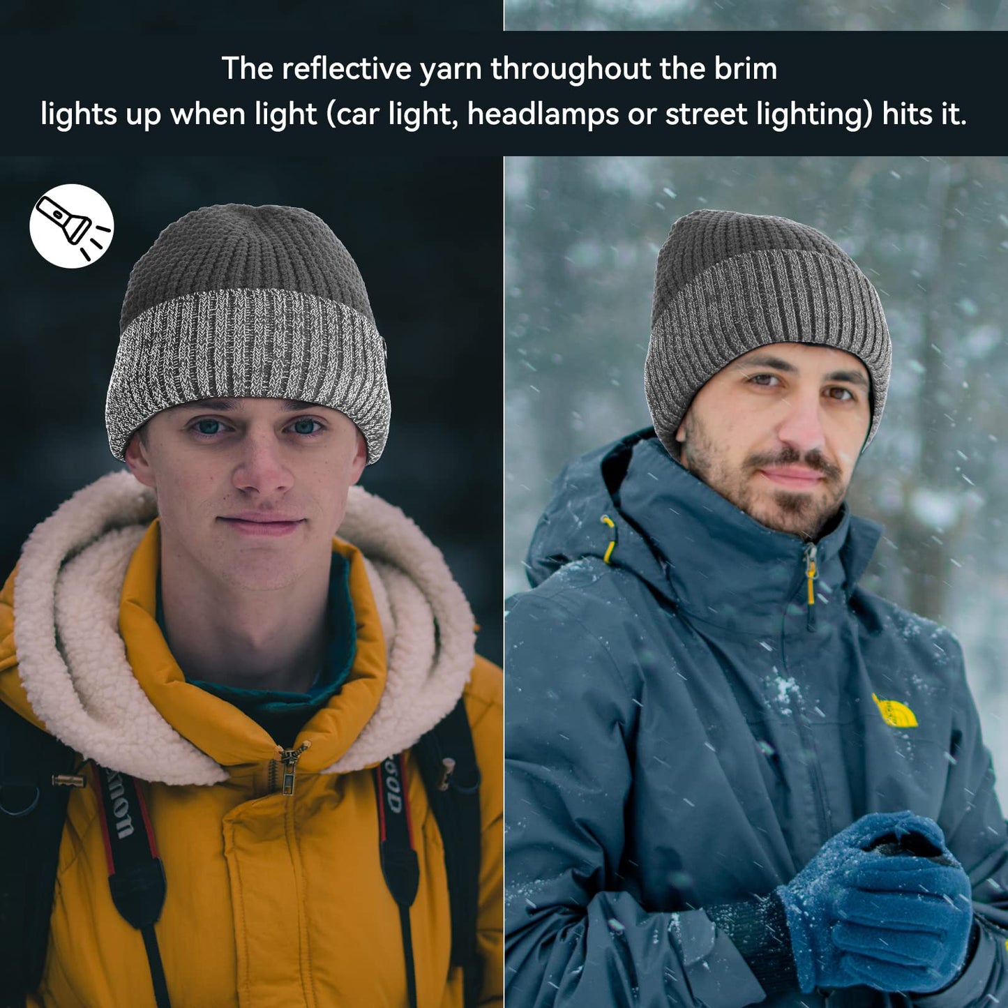 Achiou Winter Reflective Beanie Hat for Men Women, Warm Cuffed Winter Knit Hat Cap for Running Outdoor Sports High Visibility Grey