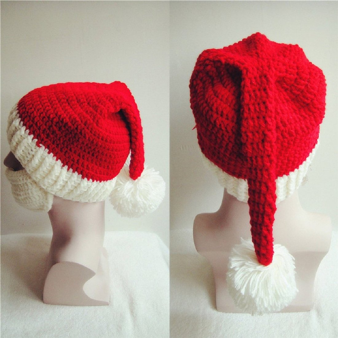 Kafeimali Unisex Christmas Winter Knitted Crochet Beanie Santa Hat with Beard Foldaway Bearded Caps (White)