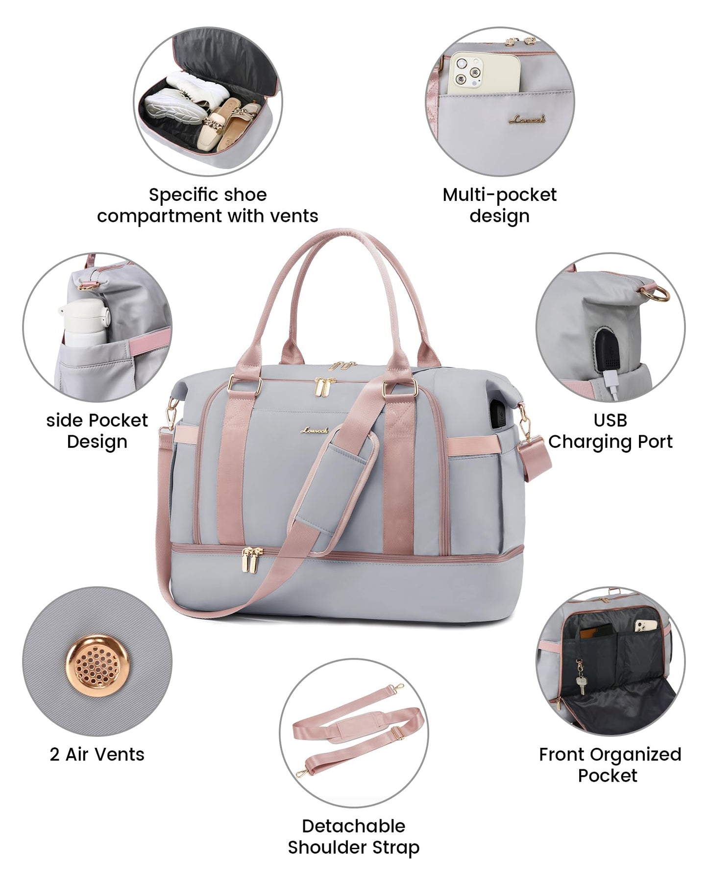 Gym Bag for Women LOVEVOOK Travel Duffel Bag with USB Charging Port,Weekender Bags for Women with Shoe Compartment,Carry on Overnight Bag with Toiletry Bag,Hospital Bags for Labor and Deliver