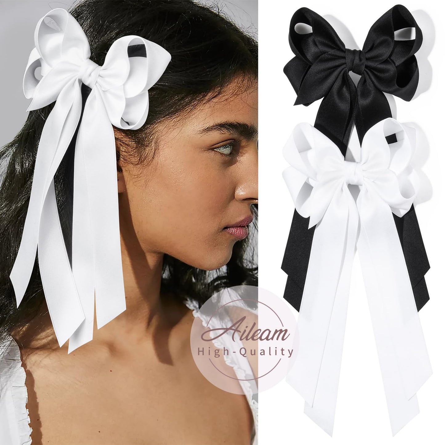 2PCS Hair Bows for Women Hair Clip Black White Hair Ribbon Accessories Slides Metal Clips Hair Bow for Women Girls Toddlers Teens Kids