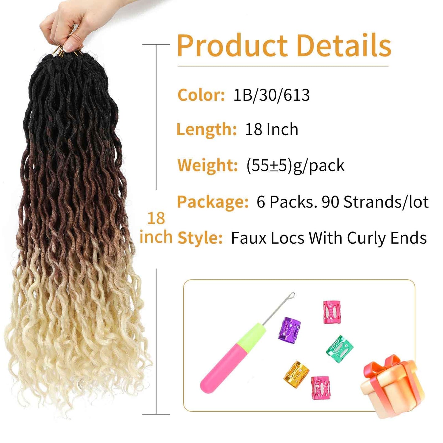 Ombre Crochet Hair Pre Looped 18 Inch 6 Packs Goddess Locs Soft Faux Locs Crochet Hair with Curly Ends Synthetic Crochet Locs Hair for Black Women (18 Inch,6 Packs,1B/30/613)