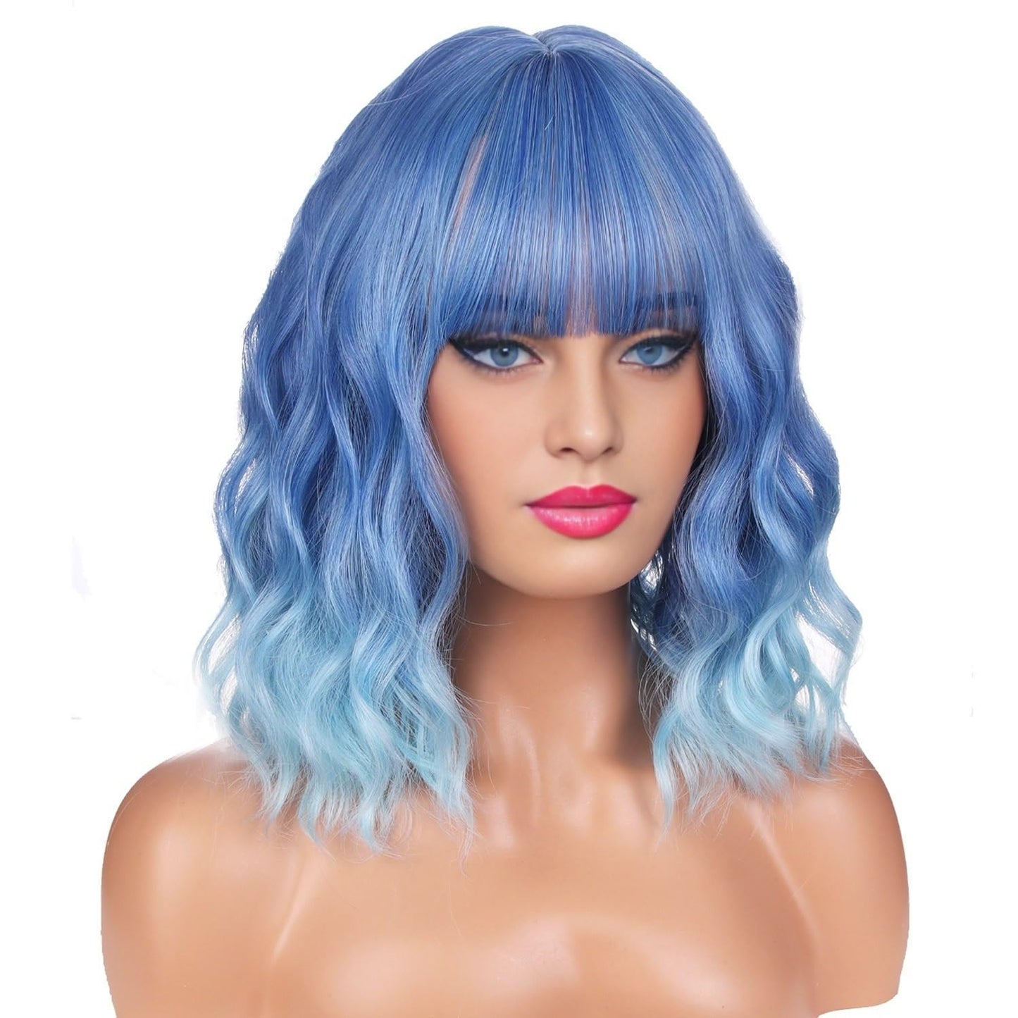 BERON 14 Inches Ombre Blue Wig Short Curly Wig with Bangs Blue Ombre Wig Synthetic Wigs Women Girls Ombre Wig with Wig Cap