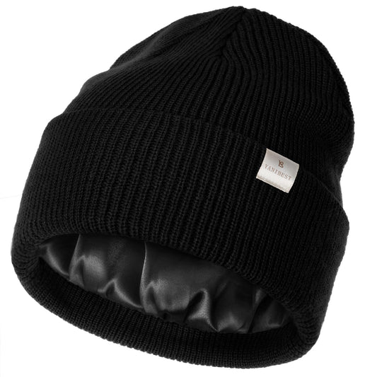 YANIBEST Beanie Hat for Women Men Satin Lined Beanie Hats Winter Hat Womens Cuffed Beanies Knit Skull Cap Warm Ski Hat Unisex Black