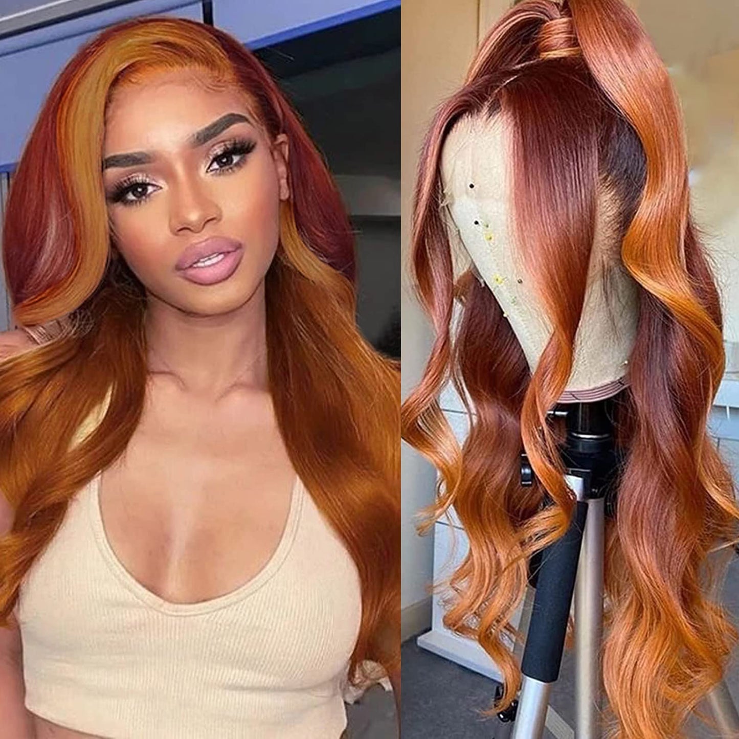 haha Red Orange Ombre Lace Front Wig Human Hair Ginger Red Highlight Lace Front Wig 13x4 Body Wave Lace Frontal Wigs Colored Pre Plucked Brazilian Remy Hair Skunk Stripe Wig 18 Inch 150% Density