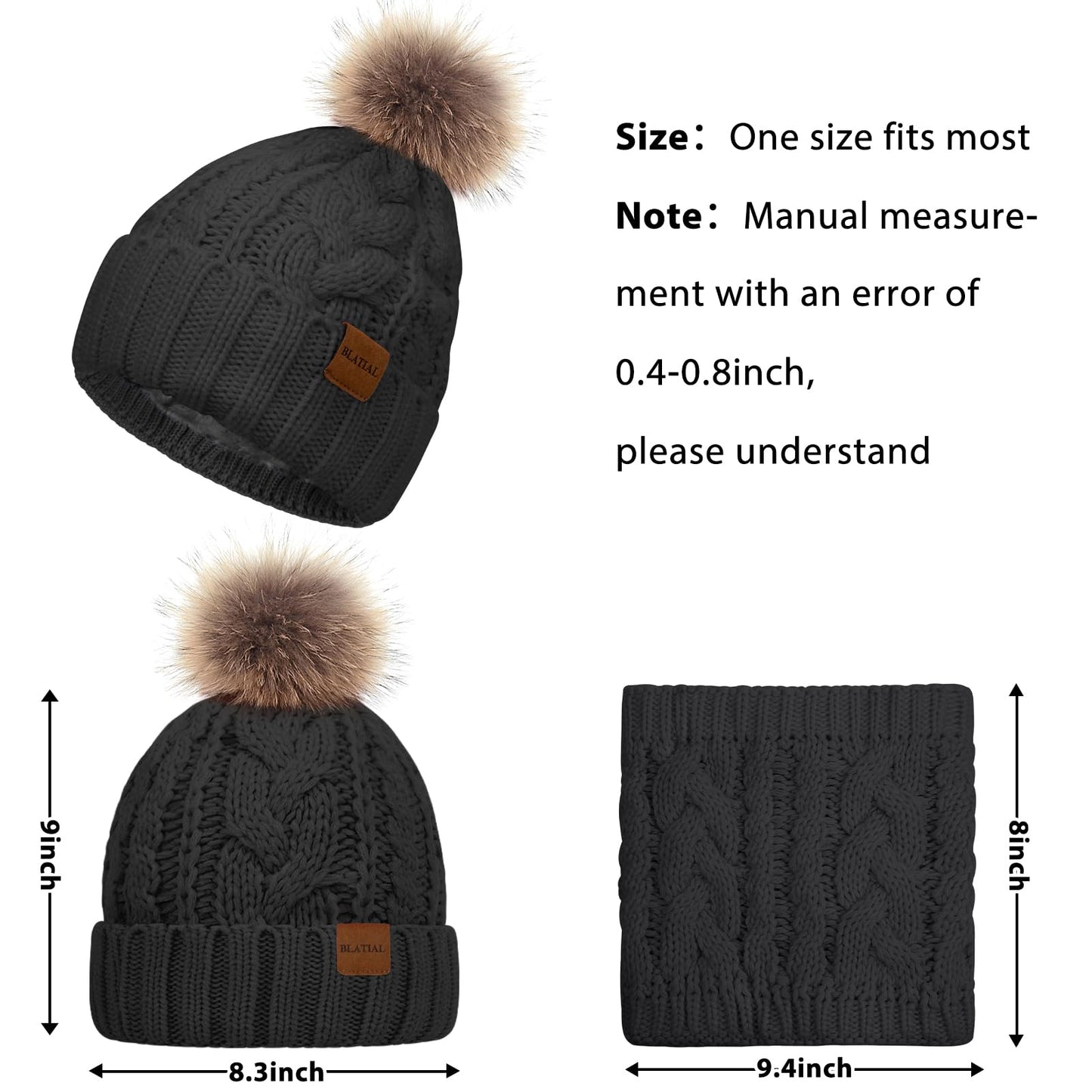3 Pieces Winter Hat and Scarf Set for Women Warm Knit Beanie Fleece Lined Pom Hats Neck Warmer Touchscreen Gloves Gifts,Black Set