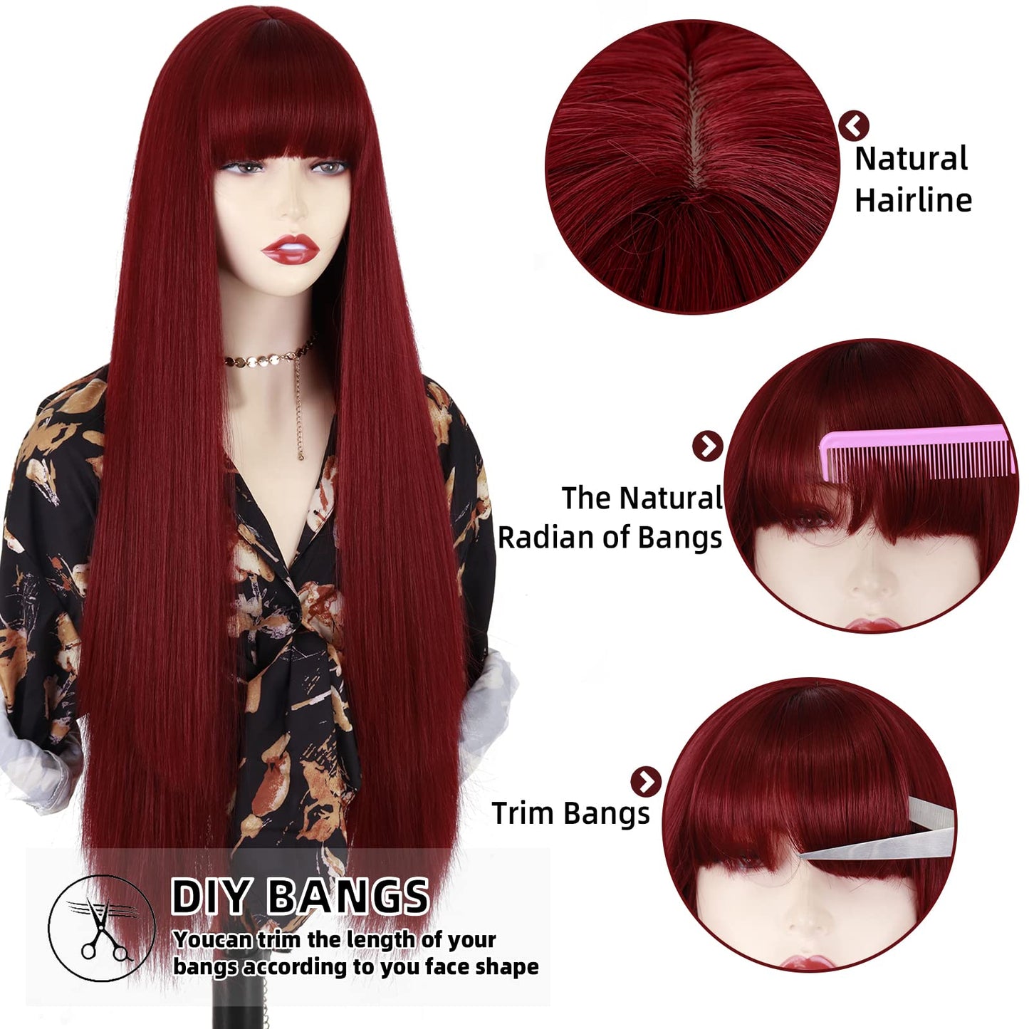 MISSQUEEN Long Red Wig with Bangs,Straight Dark Red Wigs for Women,Wine Red Long Straight Heat Resistant Synthetic wig for Fashion Women