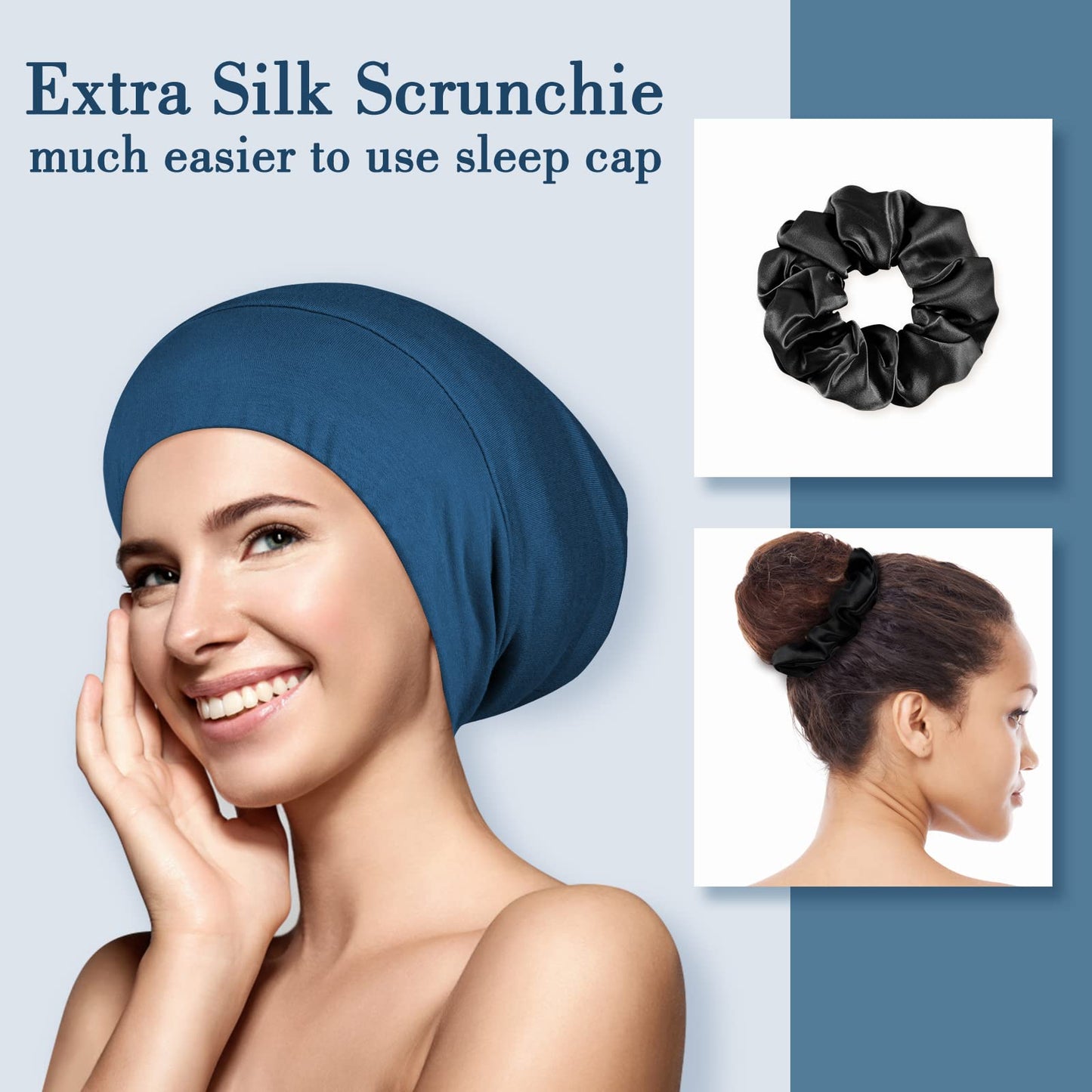 LULUSILK Mulberry Silk Bonnet for Sleeping Women, Real Silk Sleep Cap for Curly Hair and Braids, Pure Silk Head Wrap with Scrunchies, Bijou Blue