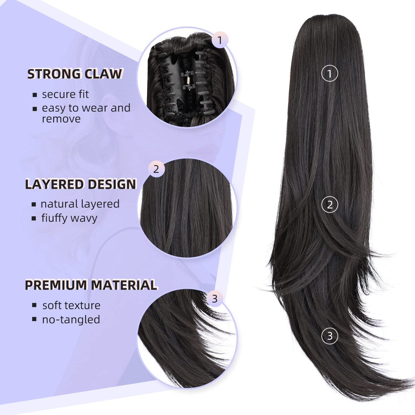 ShulaSHOP Ponytail Extension,20" Clip Hair Extensions Ponytail Curly claw hair Ponytail Extension Natural Looking Synthetic Hairpiece for Women Natural Black