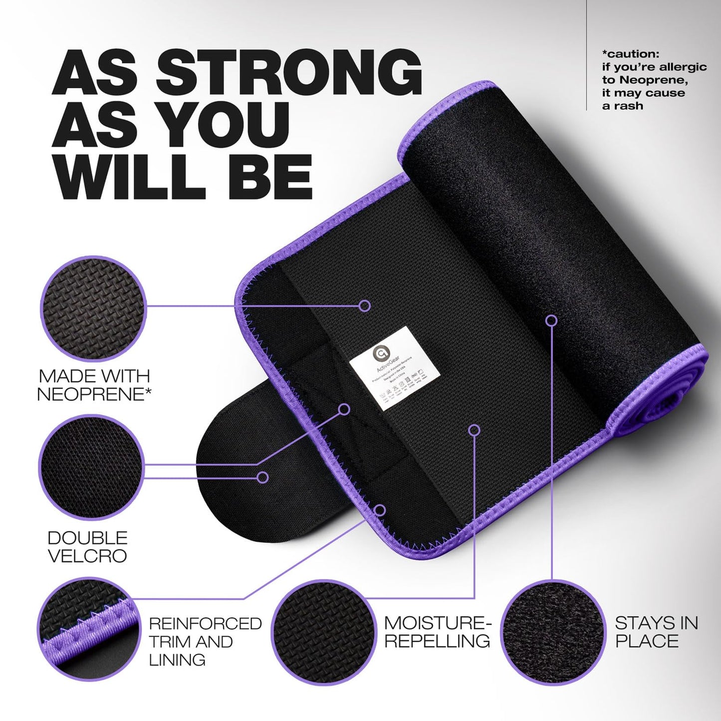 ActiveGear Waist Trainer for Women & Men - Sweat Band Waist Trimmer Belt for a Toned Look - Reinforced Trim and Extra Secure Fastening (Purple Hem, Medium: 8” x 42”)
