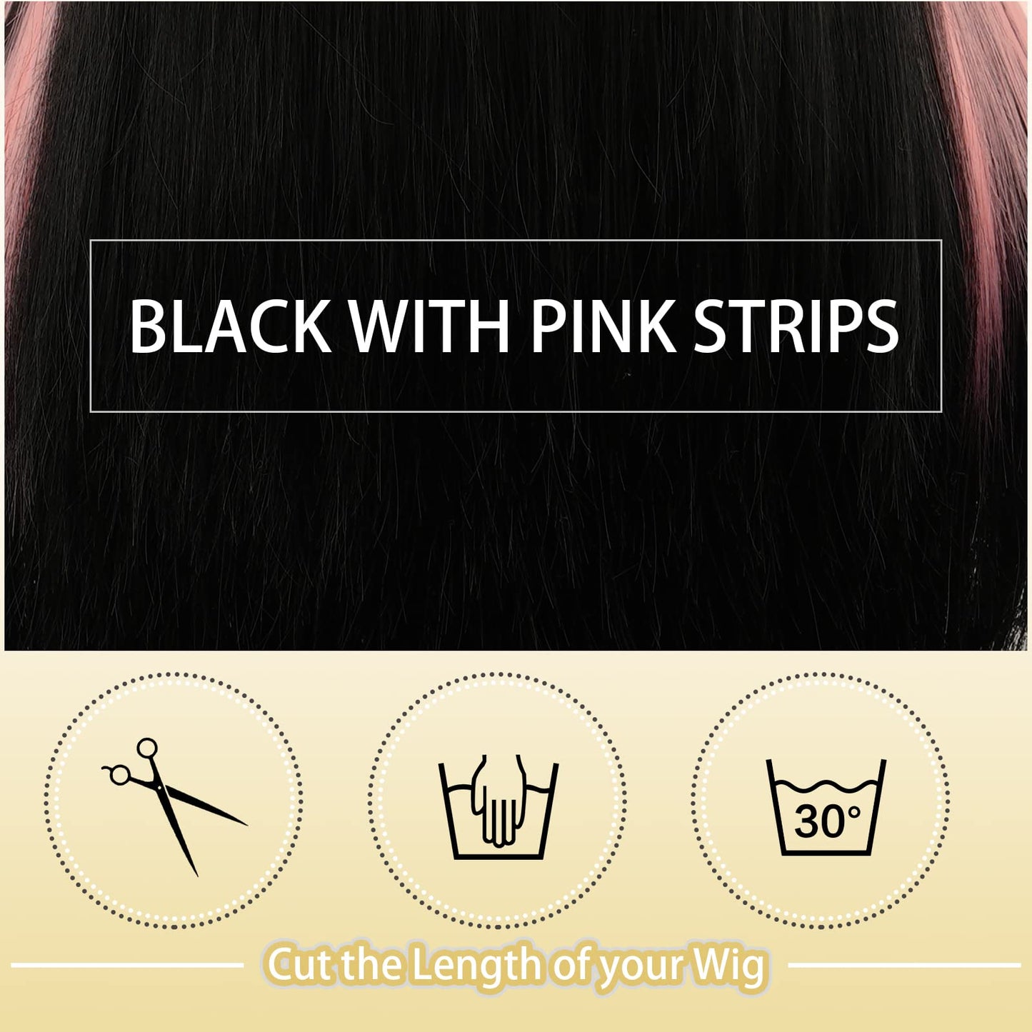 SOFEIYAN Long Straight Wig with Bangs Black with Pink Strips Synthetic Hair Replacement Wigs Heat Resistant Full Wig for Women Girls 26 inches