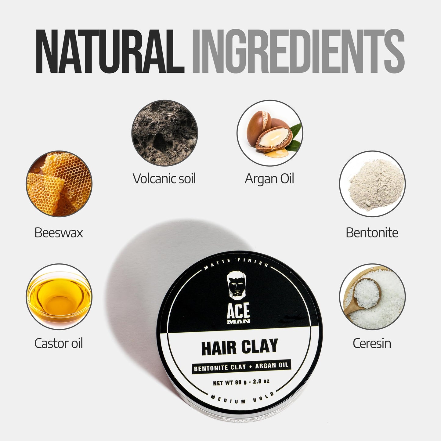 AceMan Hair Styling Clay - Medium Hold Matte Finish - Creates Volume & Texture - No Shine or Grease - Molding Cream For Men - Barber Approved (2.8 Oz)