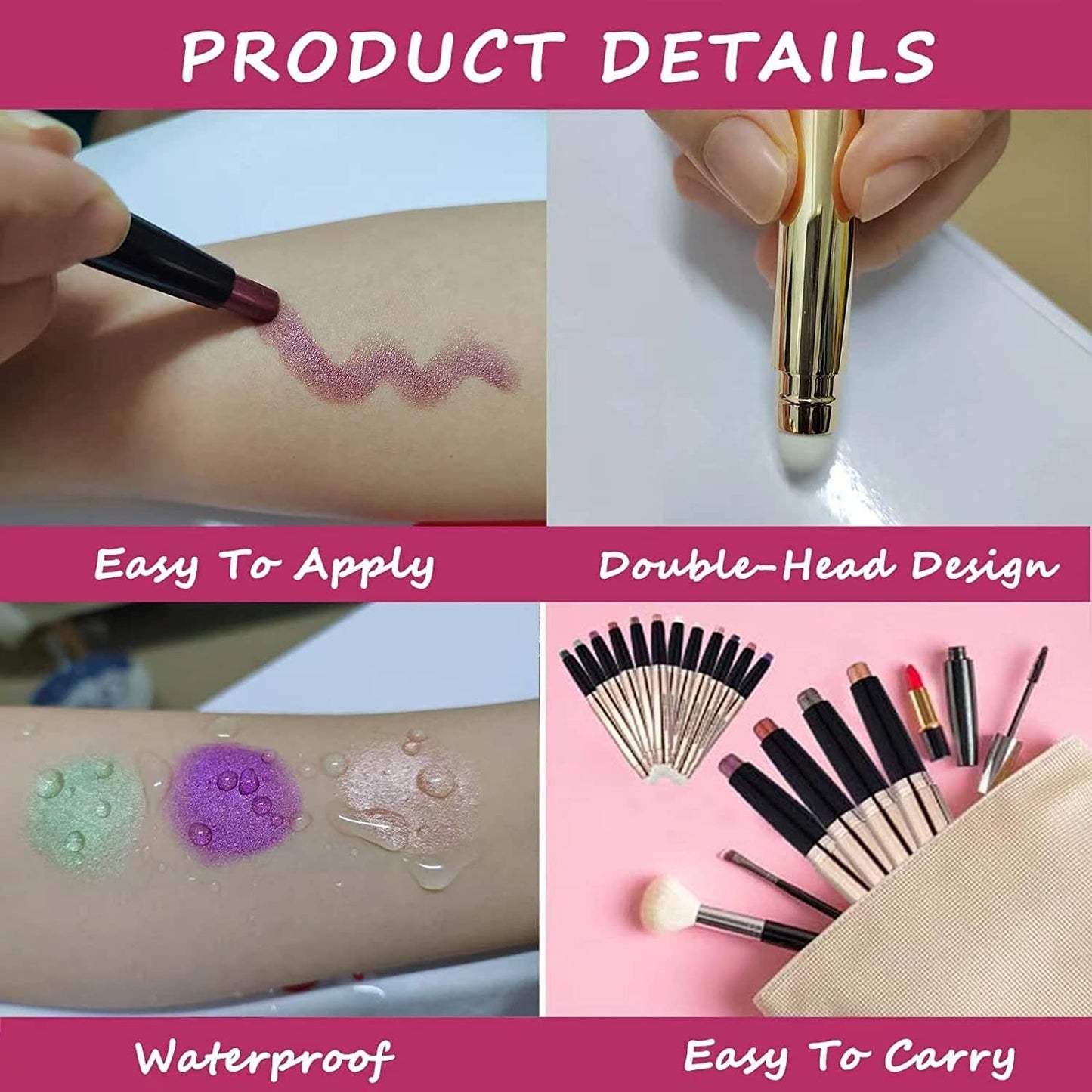 2 in 1 pink Eyeshadow stick and Sponge Makeup Brush, Smooth Cream Shimmer Shadow Pencil Long Lasting Waterproof Eye Shadow Highlighter Stick Makeup , Hypoallergenic Eyeshadow, Highlighter Eye Liner
