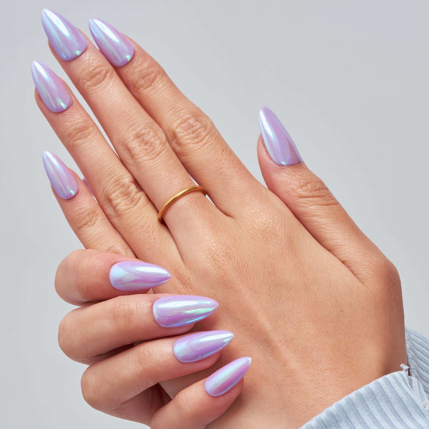 GLAMERMAID Metal Purple Press on Nails Medium Almond, Pure Chrome Glazed Mirror Jelly Soft Gel Fake Nails Stiletto, Glossy Glue on Nails Short Oval, Reusable Acrylic Stick on False Nails Kit for Women