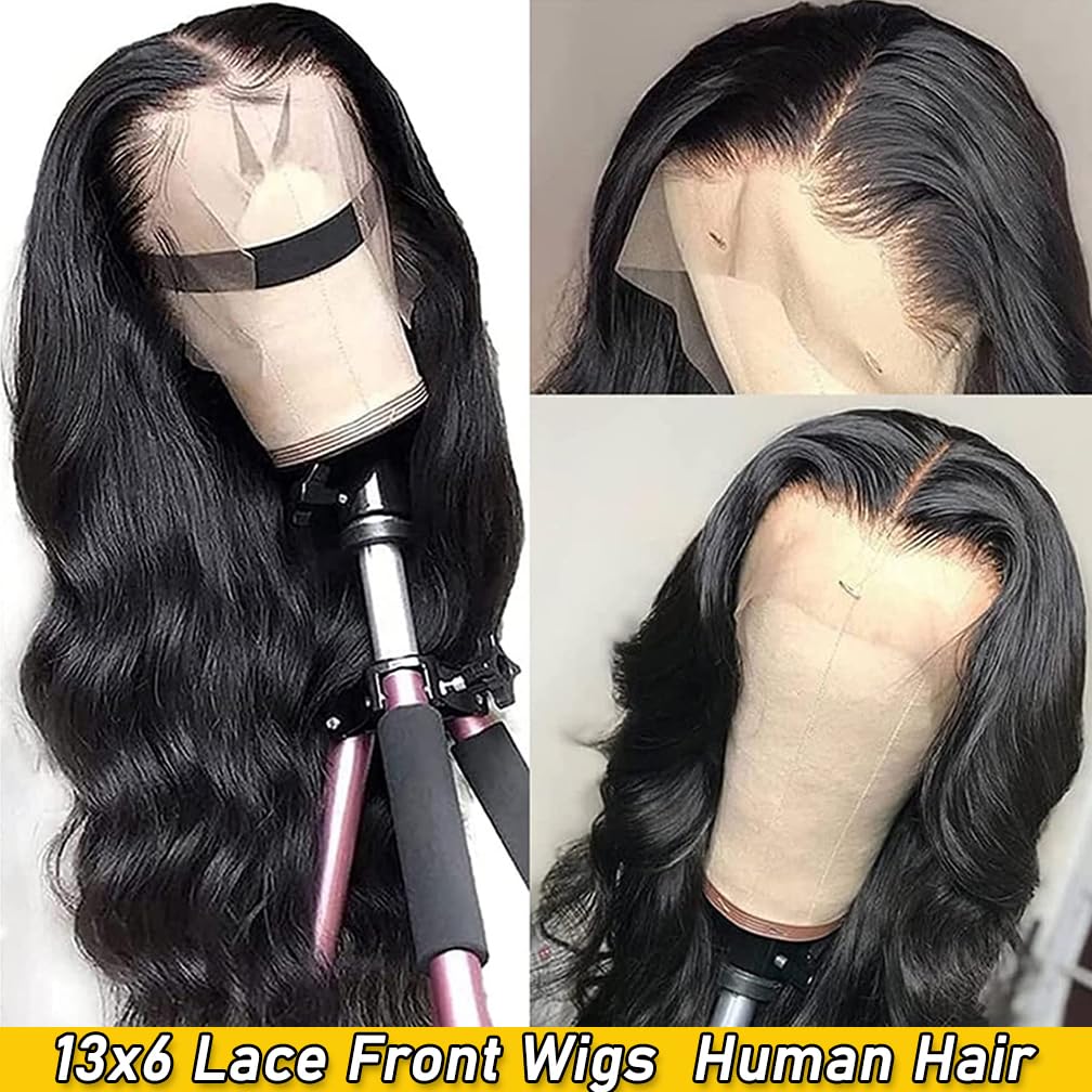 13x6 Lace Front Wigs Human Hair Lace Front Wigs Pre Plucked with Baby Hair 180% Density Glueless Human Hair Wigs for Black Women HD Transparent Lace Frontal Wigs Natural Black 22 Inch