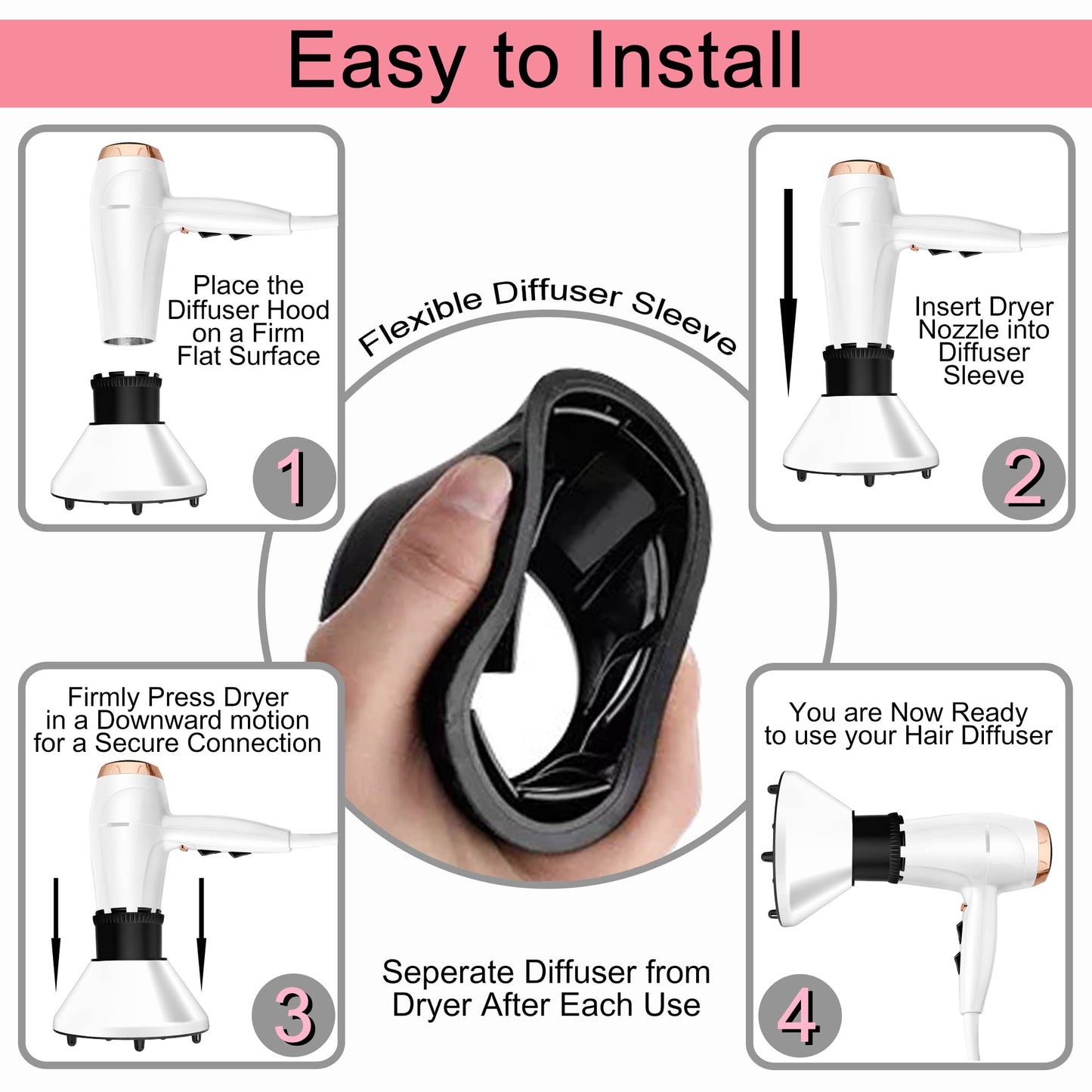 Universal Hair Diffuser Adaptable Hair Dryer Attachment for Blow Dryer Nozzles from 1.7 to 2.2 inch Diameter (White)