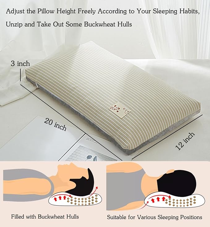 Adjustable Firmness Buckwheat Pillow, Neck Support Buckwheat Pillows for Sleeping with Buckwheat Hulls and Cotton Cover for Back Side Sleepers, as Meditation Cushion, Khaki 20"X12"