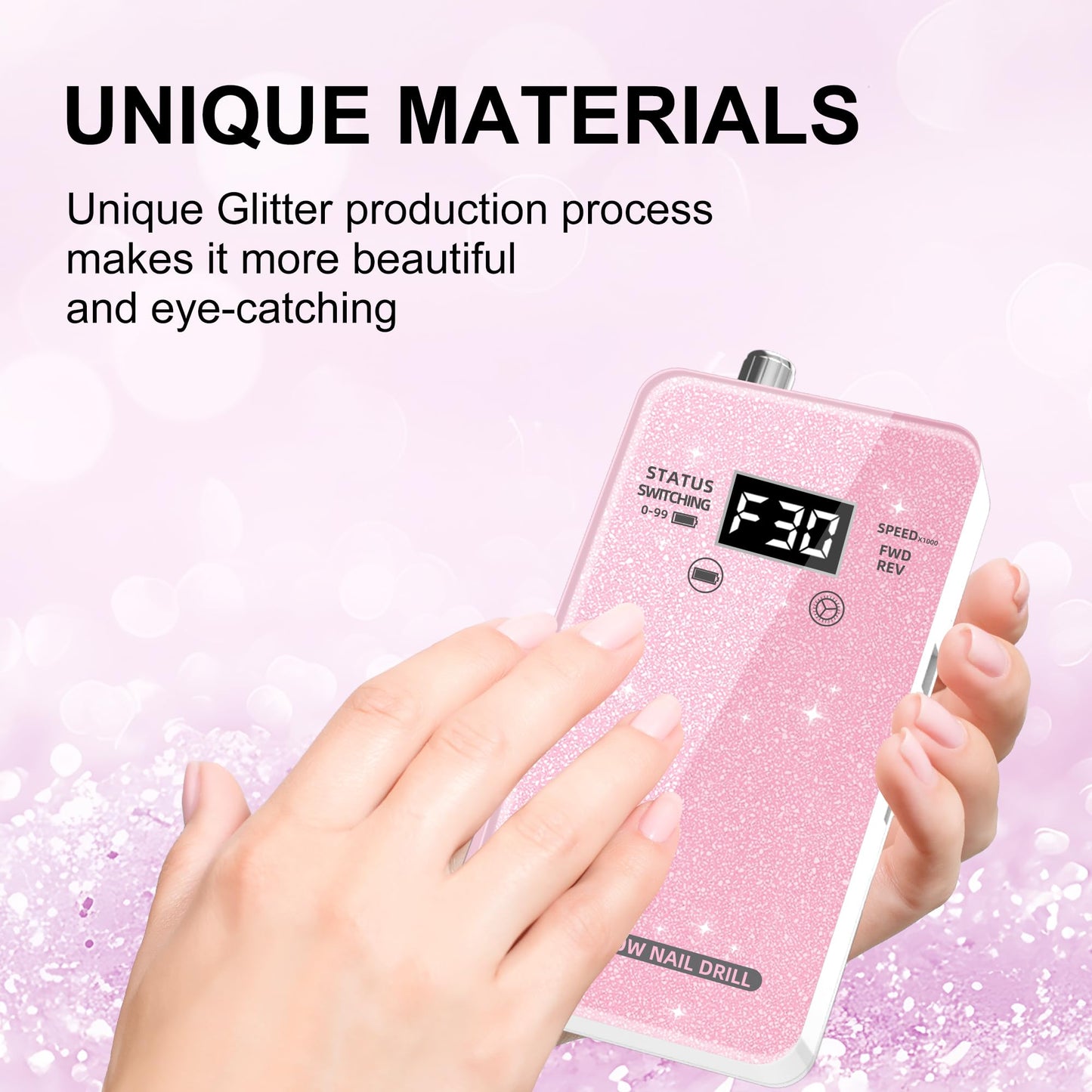 Professional Electric Nail Drill File:COSYGLOW Glitter Portable Cordless E-File Nail Drill Kit with 11 Nail Drill Bits,30000 RPM Rechargeable Nail Drill Machine for Acrylic Nails Gel Polishing(Pink)