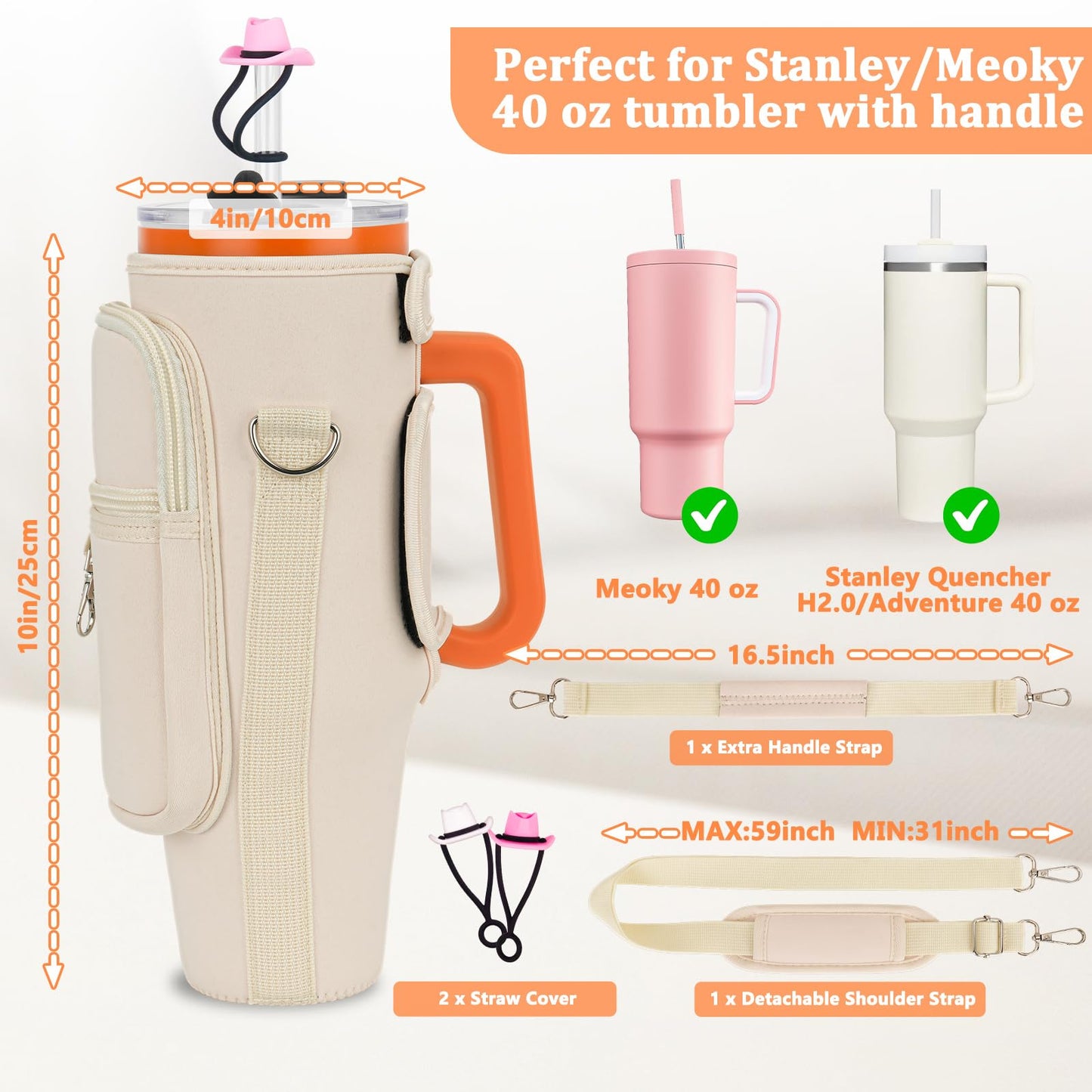 Water Bottle Carrier Bag with Phone Pocket and 2 Straw Covers Compatible with Stanley/Meoky/BrüMate 40 oz Tumbler with Handle,Water Bottle Holder with Adjustable Strap Fits for Stanley Cup Accessories