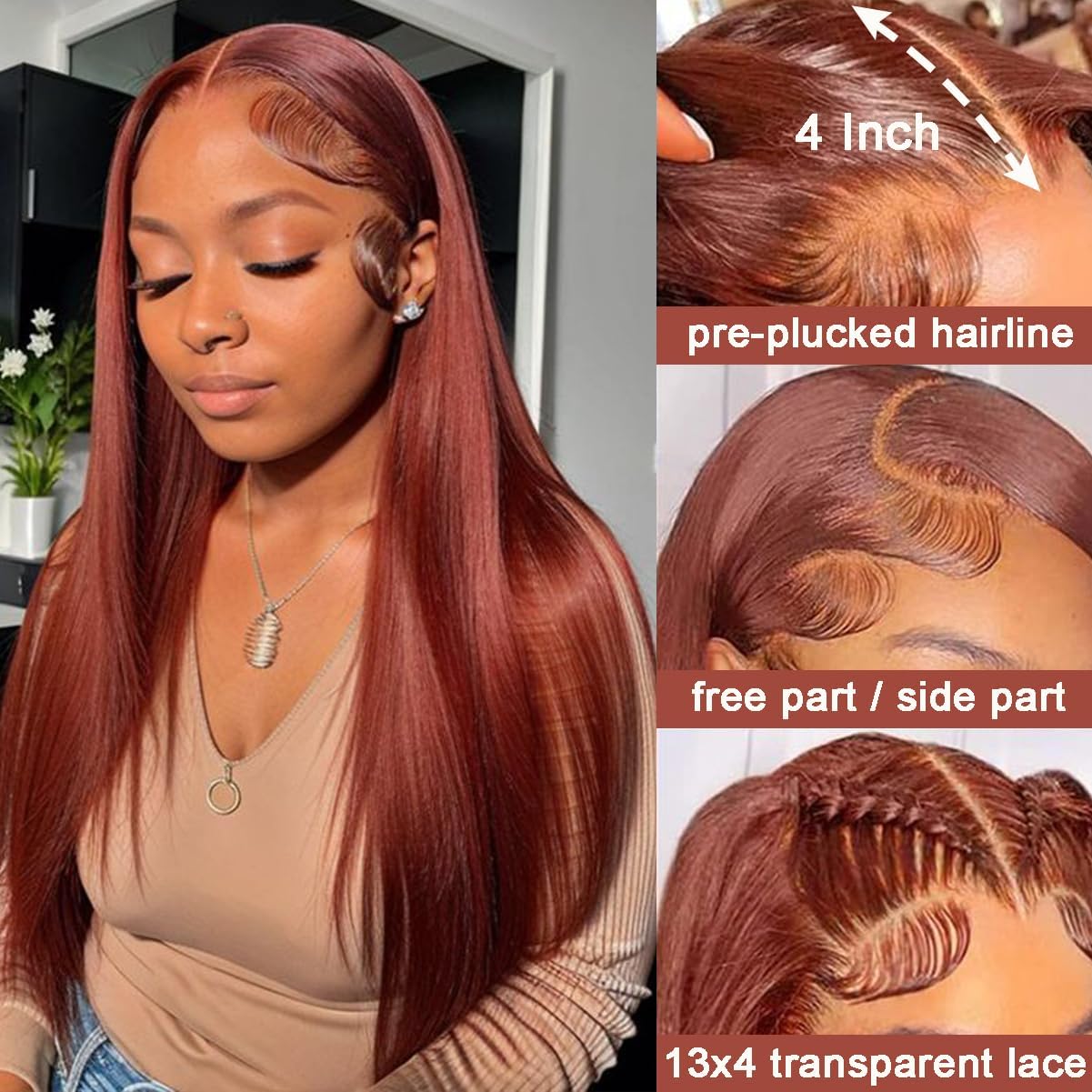 250 Density Straight Lace Front Wigs Human Hair Pre Plucked 13x4 HD Transparent Lace Front Wigs Human Hair for Women Reddish Brown Lace Front Wigs HumanHair 33# Colored Brazilian Human Hair Wig 30Inch