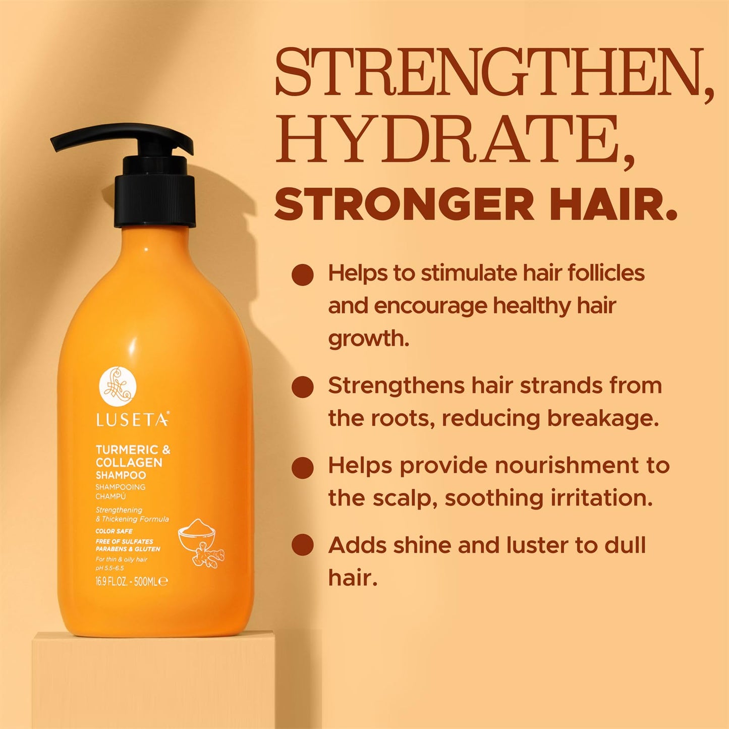 Luseta Hair Growth Shampoo with Turmeric & Collagen, Thickening Hair Volumizing Shampoo for Women and Men Thinning or Oil Hair, Color Safe Shampoo for Treated Hair Sulfate and Parabens Free 16.9Oz