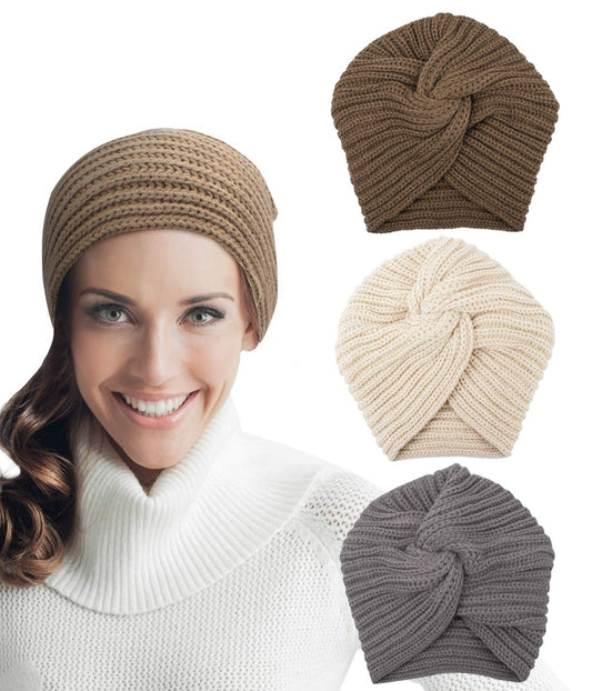 3pcs Womens Winter Hats, Beanie Hat for Women, Knit Hat Slouchy Beanies Wool Hat, Warm Turban Hat Thick Chemo Caps for Cancer Patient, White Gray Brown