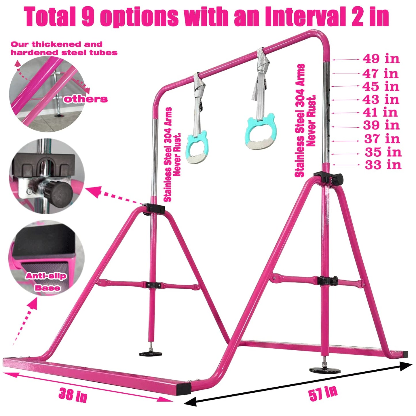 PreGymnastic Updated Folding Gymnastics Bar with Rings, Foldable Kip Bar with Sturdier Base, Gymnasitc Training Bar for Kids Ages 3-10, Gymnastic Horizontal Bars, Home Gym Equipment for Boys Girls