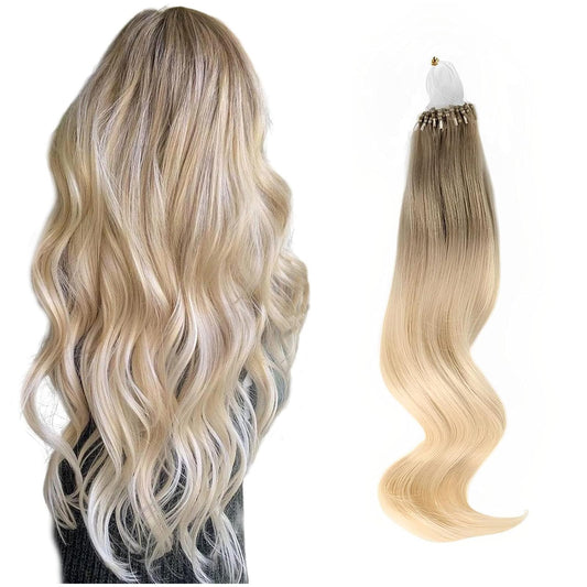 ABH AmazingBeauty Hair Micro Links Hair Extensions Human Hair 24 Inch Ash Brown Ombre Platinum Blonde Hair Extensions Micro Ring Ombre Blonde 50G 50S Micro Loop Hair Extensions Balayage Blonde