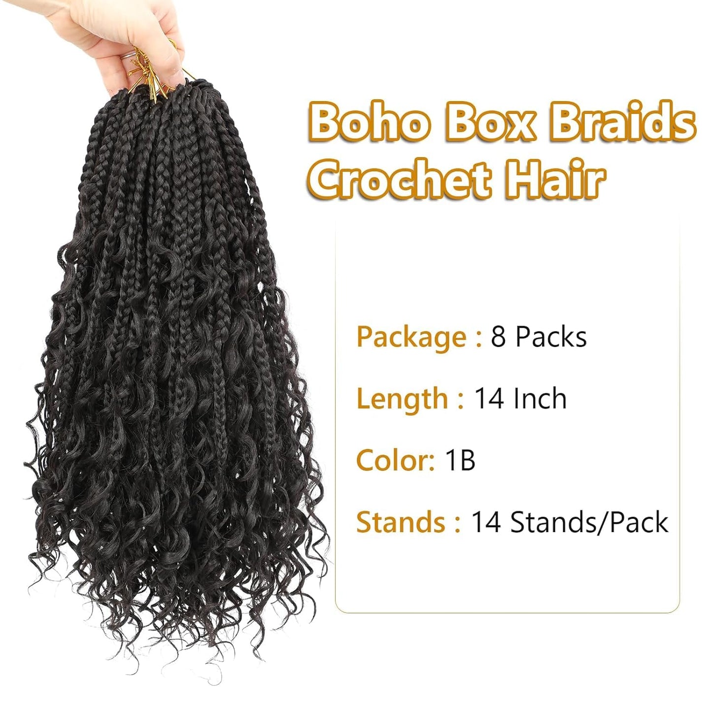8 Packs Goddess Box Braids Crochet Hair-14 Inch Crochet Box Braids Pre-looped Boho Crochet Braids Hair Synthetic Braiding Hair Extensions Crochet Hair for Black Women(1B)