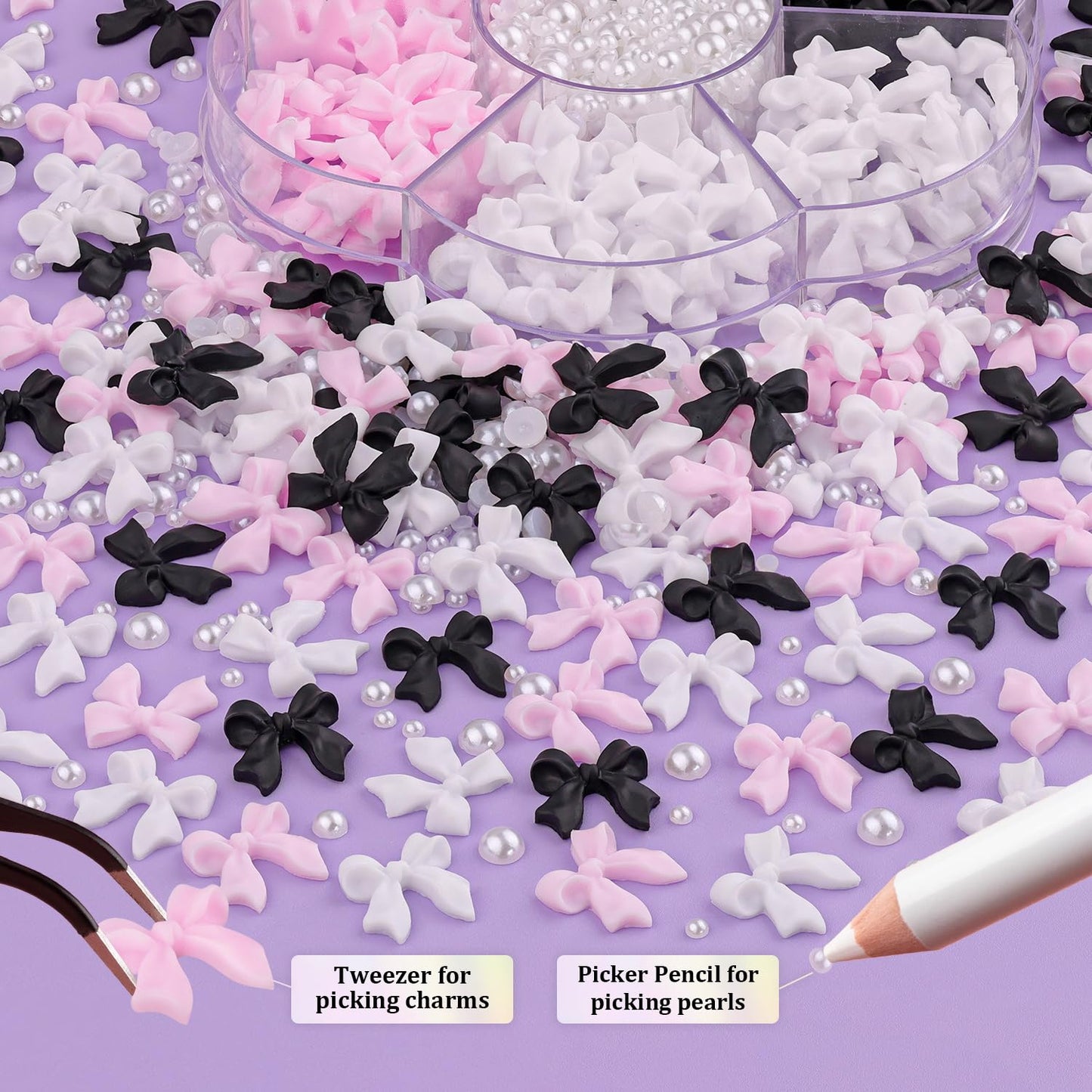 120pcs 3D Nail Bow Charms & Pearls Set - Pink, White, Black Bow Charms & White Flatback Pearls with Glue Gel (UV Needed) & Pickup Tools