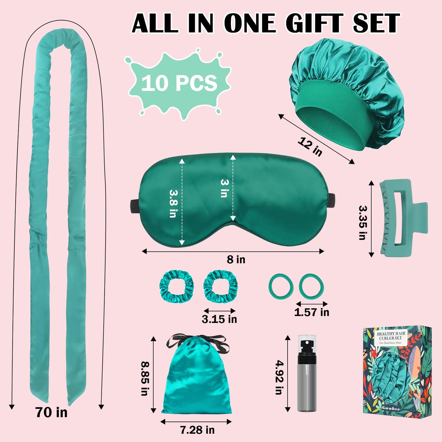 Gwabee Satin Heatless Curls Overnight Hair Curlers to Sleep In Hair Curler Rollers No Heat Hair Wrap for Curls Headband, 70" Satin Heatless Curling Set for Women Long Waves Hair Volume -Green 10 PCS