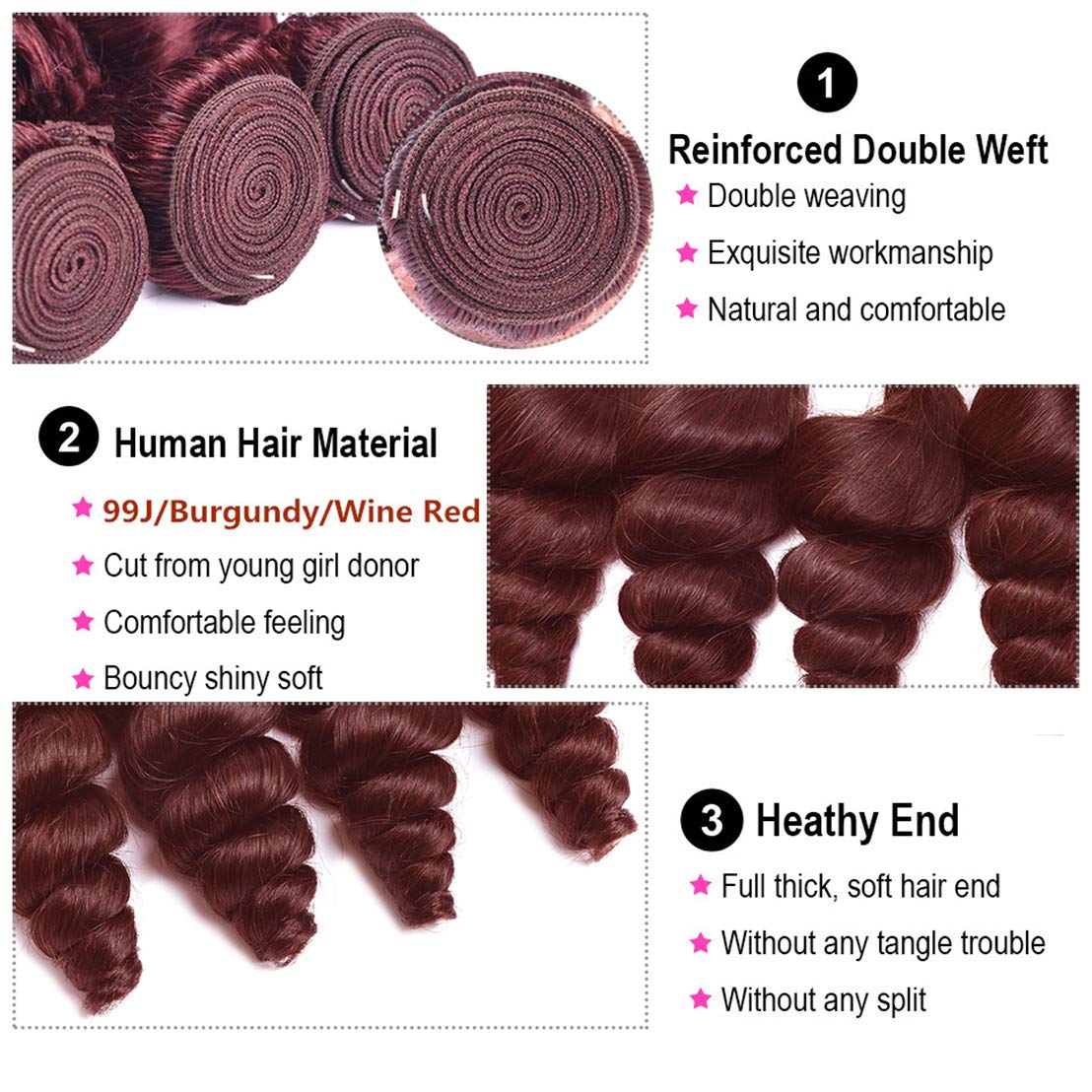 99J Burgundy Loose Deep Wave Human Hair Wefts 3 Bundles With 4x4 Lace Closure Brazilian Hair Extentions Red Wine Color Free Part 4x4 Hand tied Lace Closure (14"16"18"+14"closure, Burgundy/99J)