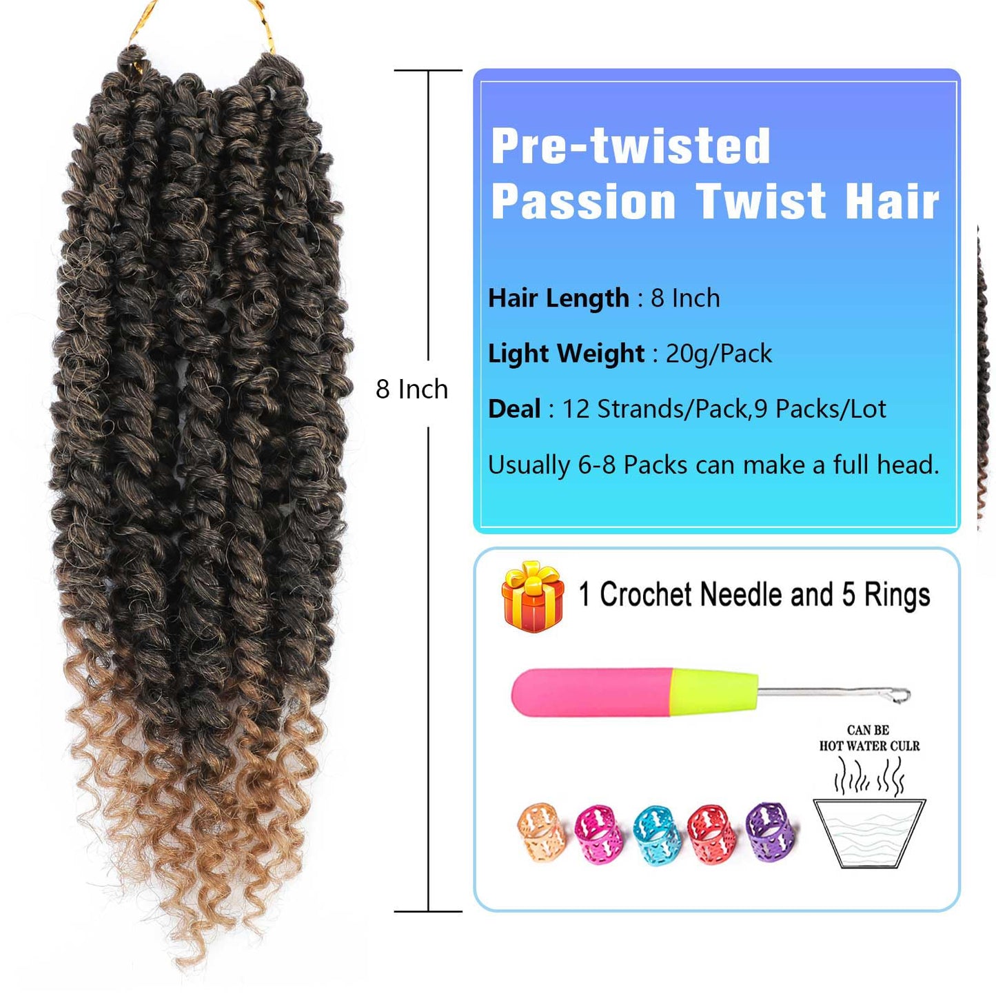 passion twist crochet hair Pre Looped, 8 Inch 9 Packs Pretwisted Passion Twist Hair,Soft Pre Twisted Ombre Crochet Hair For Women Short Curly Crochet Braids(8",T1B/27#)