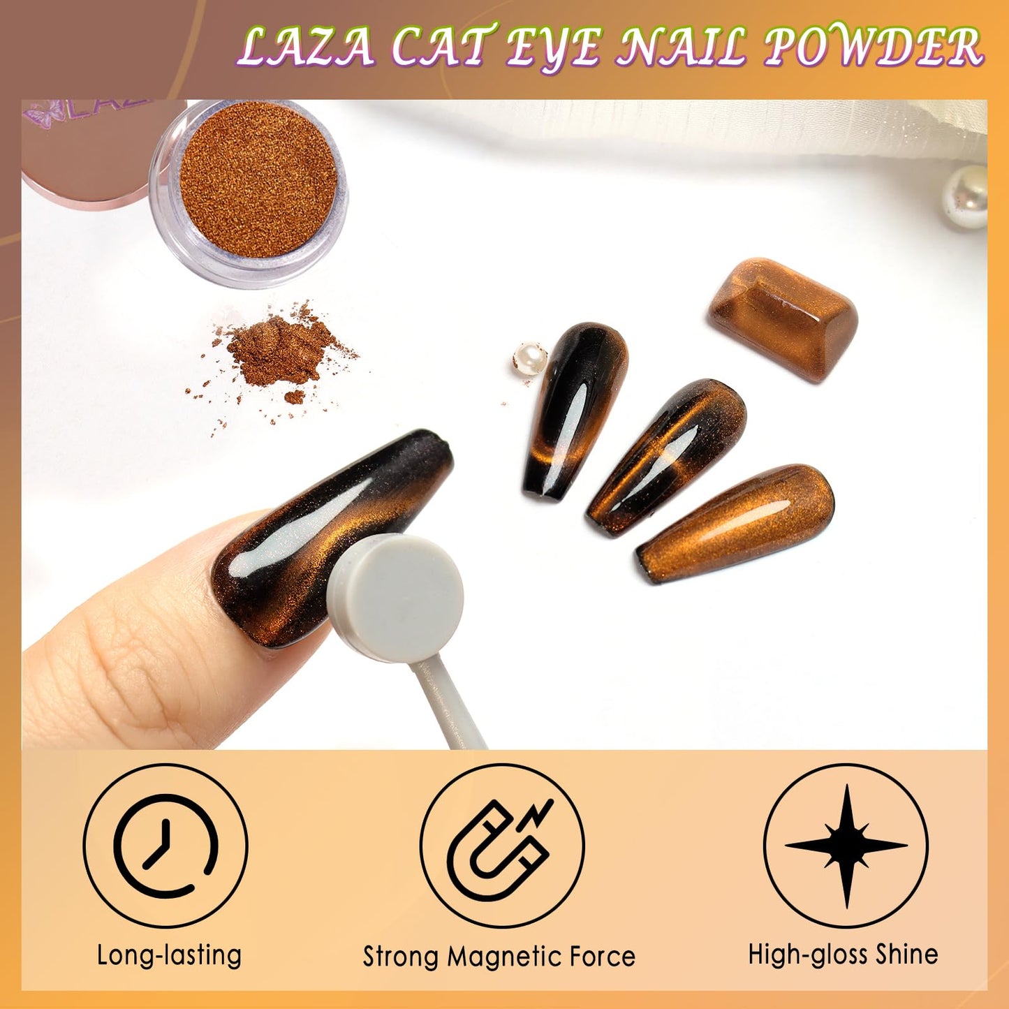 Laza Cat Eye Chrome Nail Powder Magnetic Powder 3D Cat Eye Effect Mirror Effect Pigment Dust Magic Galaxy Holographic Effect Glitter with Magnetic Stick for Velvet Nail Art - Copper