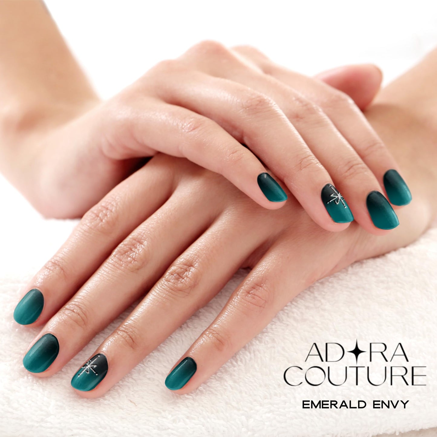 Adora Couture Semi Cured Gel Nail Strips with 30 Pieces, Salon Quality Nail Wraps for Women, Emeral Pattern & Ombre Green UV Gel Nail Stickers, UV Light Required, Emerald Envy