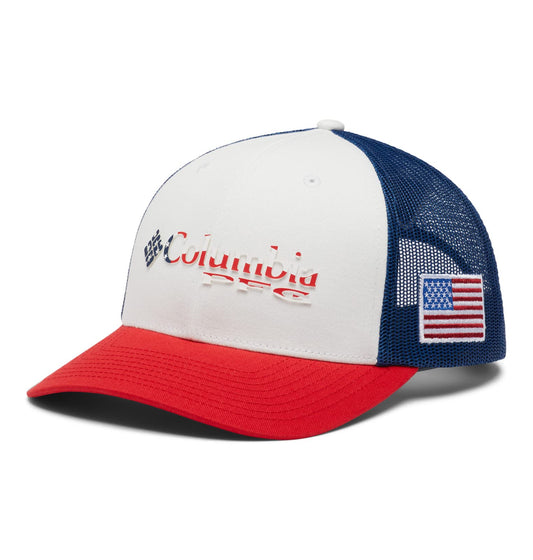 Columbia Unisex PFG Logo Mesh Snap Back - Mid, Red Spark/US Flag, One Size
