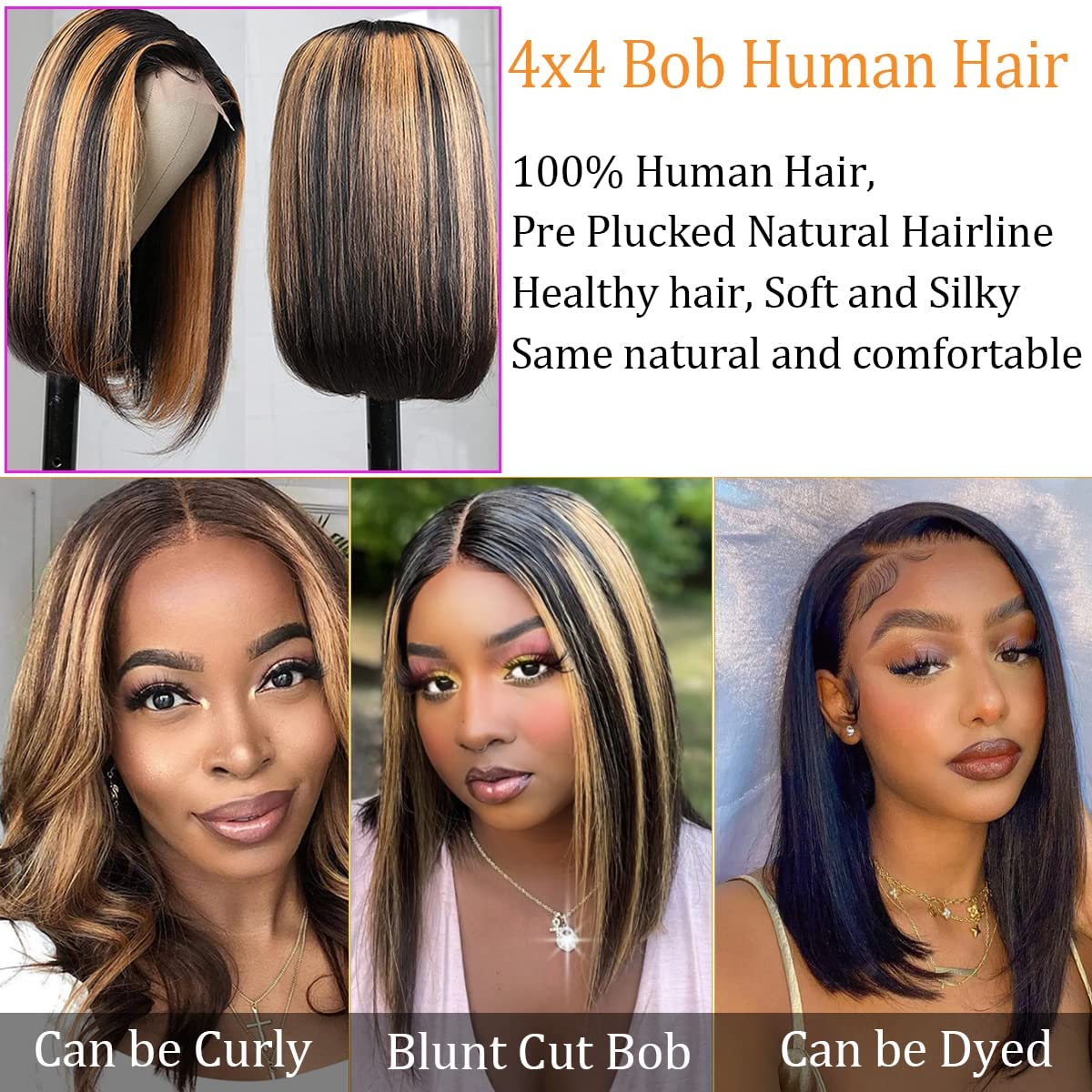 Colorful Bird Highlight Ombre 4x4 Lace Frontal Bob Wig Human Hair Straight Balayage FB30 Blonde Wigs for Women Lace Frontal Wigs 150% Density Pre Plucked 14inch