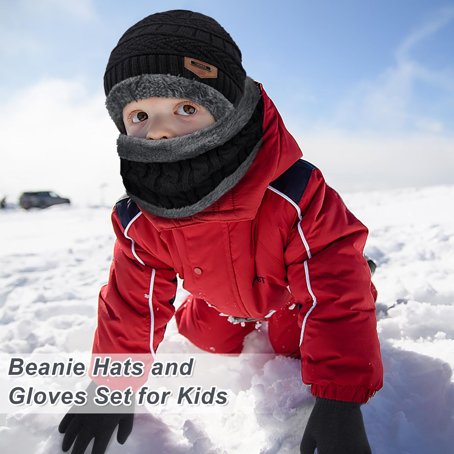 3 Pcs Boys Girls Winter Beanie Hat Scarf Gloves Set Thick Knitted Warm Toddler Winter Hat Mittens Neck Warmer for Kids