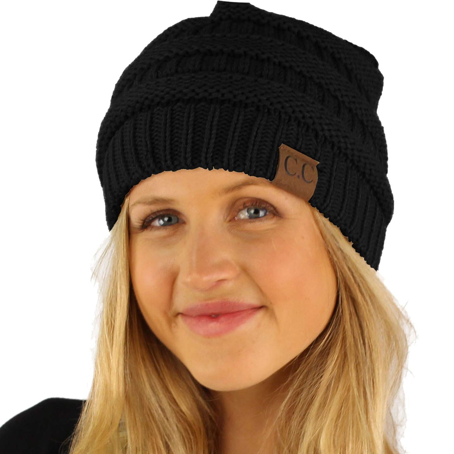 C.C Fleeced Fuzzy Lined Unisex Chunky Thick Warm Stretchy Beanie Hat Cap Solid Black by SK Hat Shop
